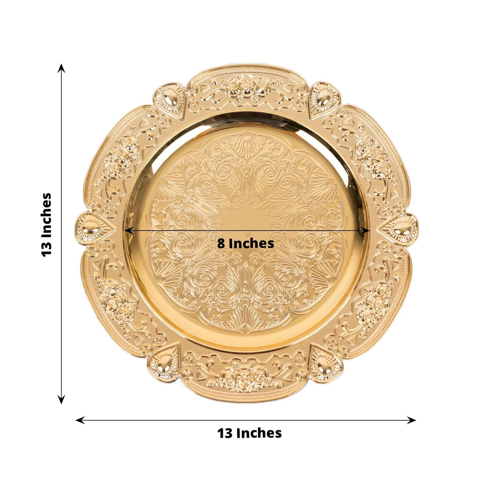 6-Pack Acrylic Round Charger Plates 13 in Gold Floral Embossed with Scalloped Rim, Plastic Decorative Charger Tableware