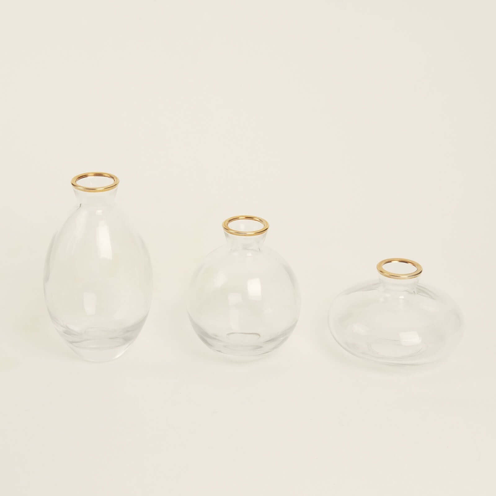 Set of 3 Clear Glass Bud Vases with Metallic Gold Rim - Modern Flower Table Centerpieces Assorted Sizes