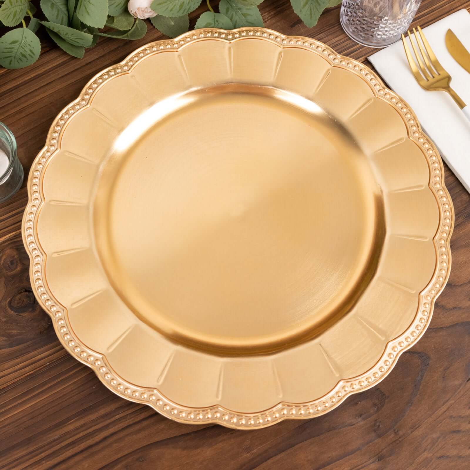 6-Pack Acrylic Round Charger Plates 13 in Metallic Gold with Beaded Sunflower Rim, Plastic Dinner Party Charger Tableware