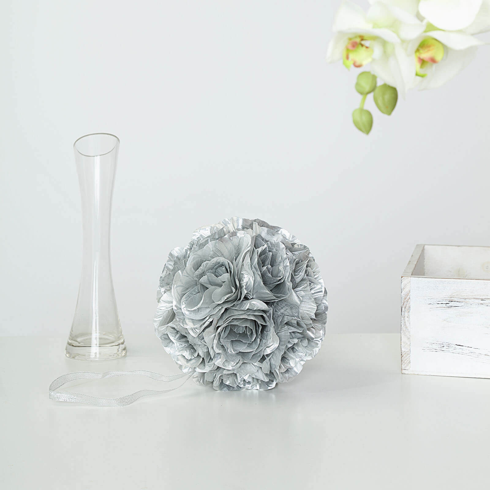 2 Pack 7 Silver Artificial Silk Rose Kissing Ball, Faux Flower Ball