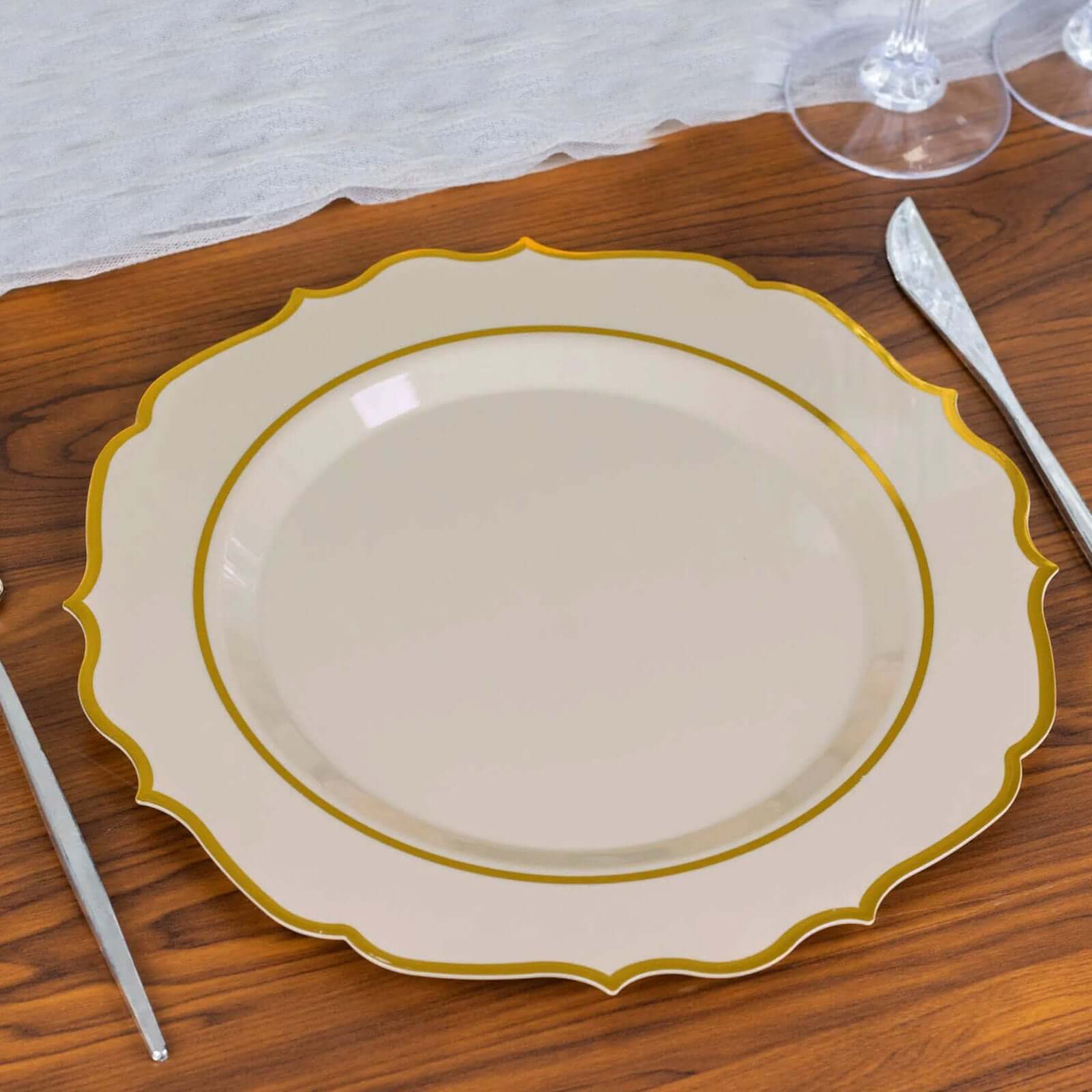 10-Pack Plastic 10 Round Dinner Plates in Taupe with Gold Scalloped Rim - Disposable Party Plates