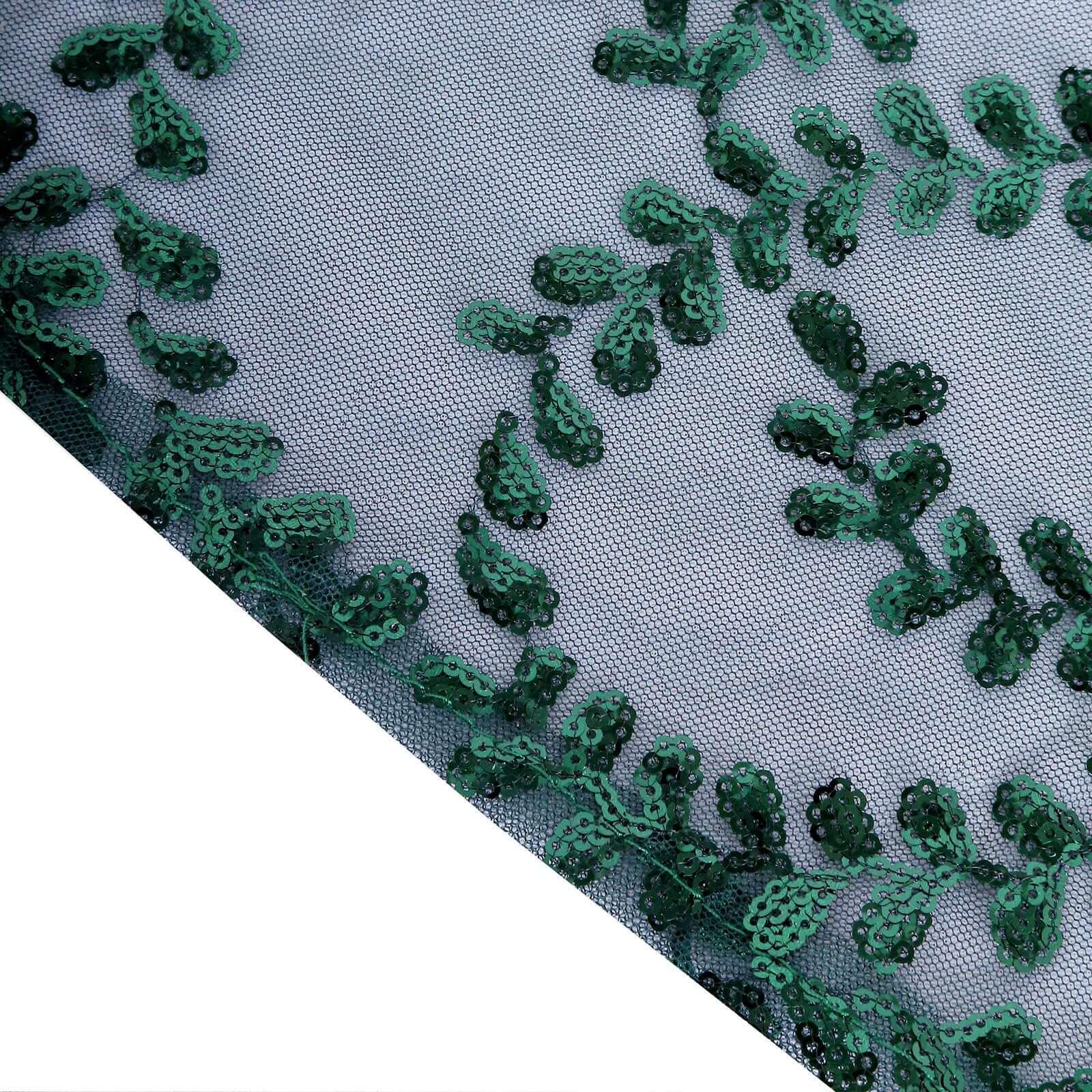 Tulle 120 Round Tablecloth Hunter Emerald Green - Seamless Sequin Leaf Embroidered Table Cover