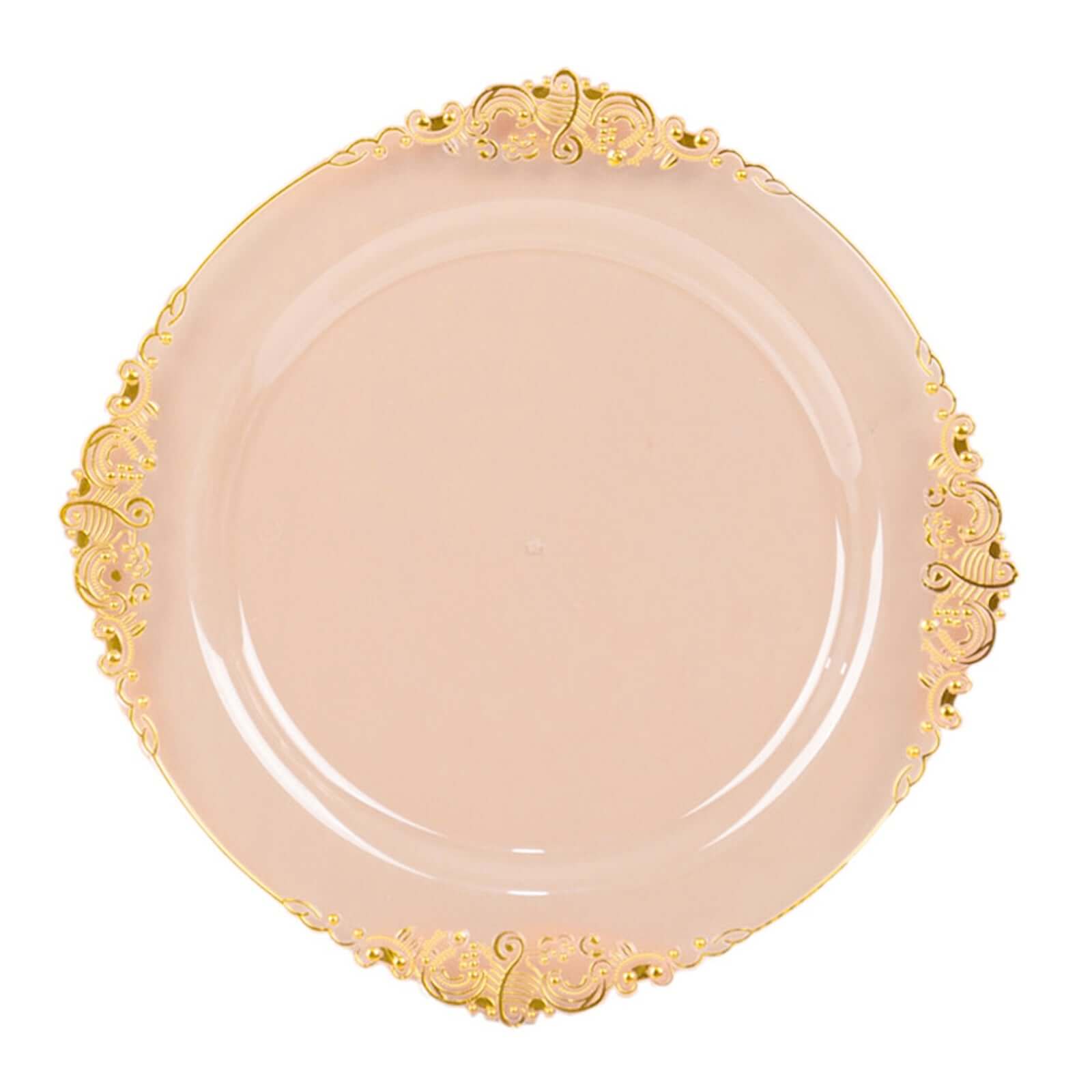 10-Pack Plastic 8 Round Dessert Plates in Transparent Blush with Gold Leaf Embossed Rim - Disposable Vintage Baroque Style Salad Plates