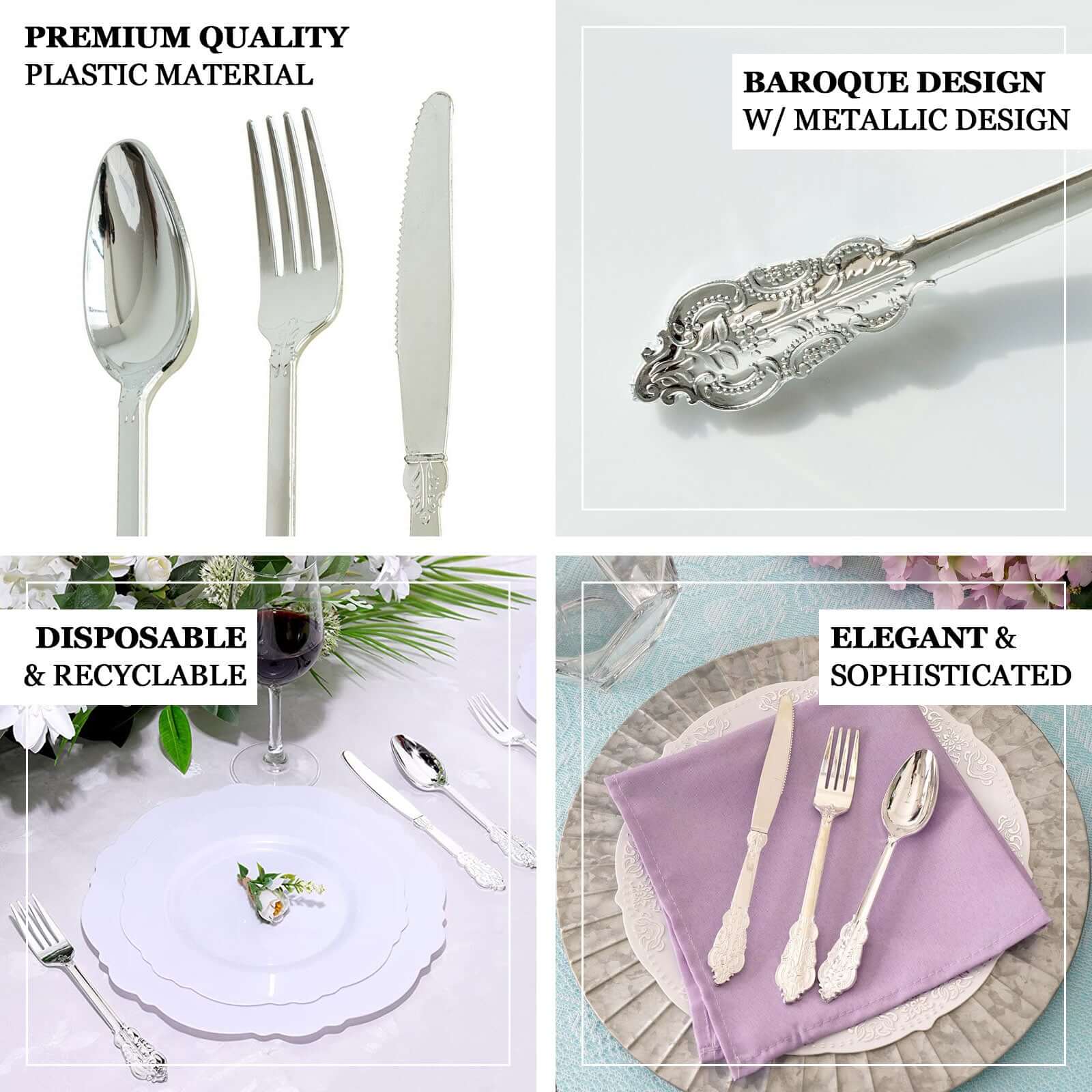 72 Pcs Plastic Silverware Set in Baroque Style Metallic Silver - Heavy Duty Disposable Knife, Fork, and Spoon Set