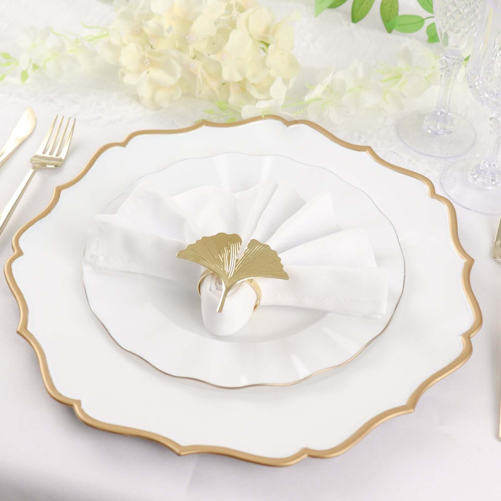6-Pack Acrylic Round Charger Plates 13 in White with Gold Scalloped Rim, Decorative Dinner Party Plastic Charger Tableware