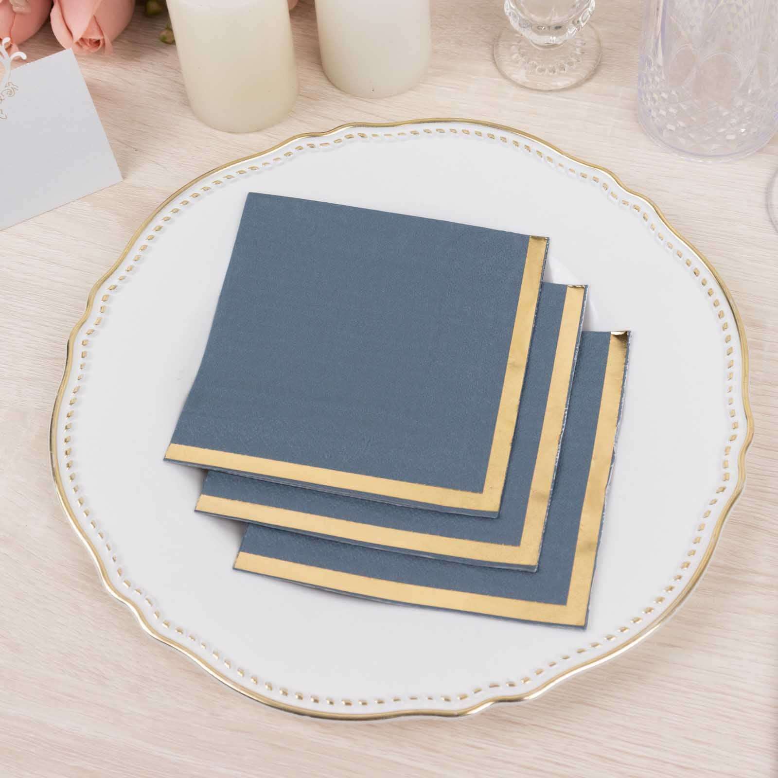 50-Pack Paper Beverage Napkins Dusty Blue with Gold Foil Edge - 2 Ply Disposable Soft 18GSM Cocktail Napkins 5x5