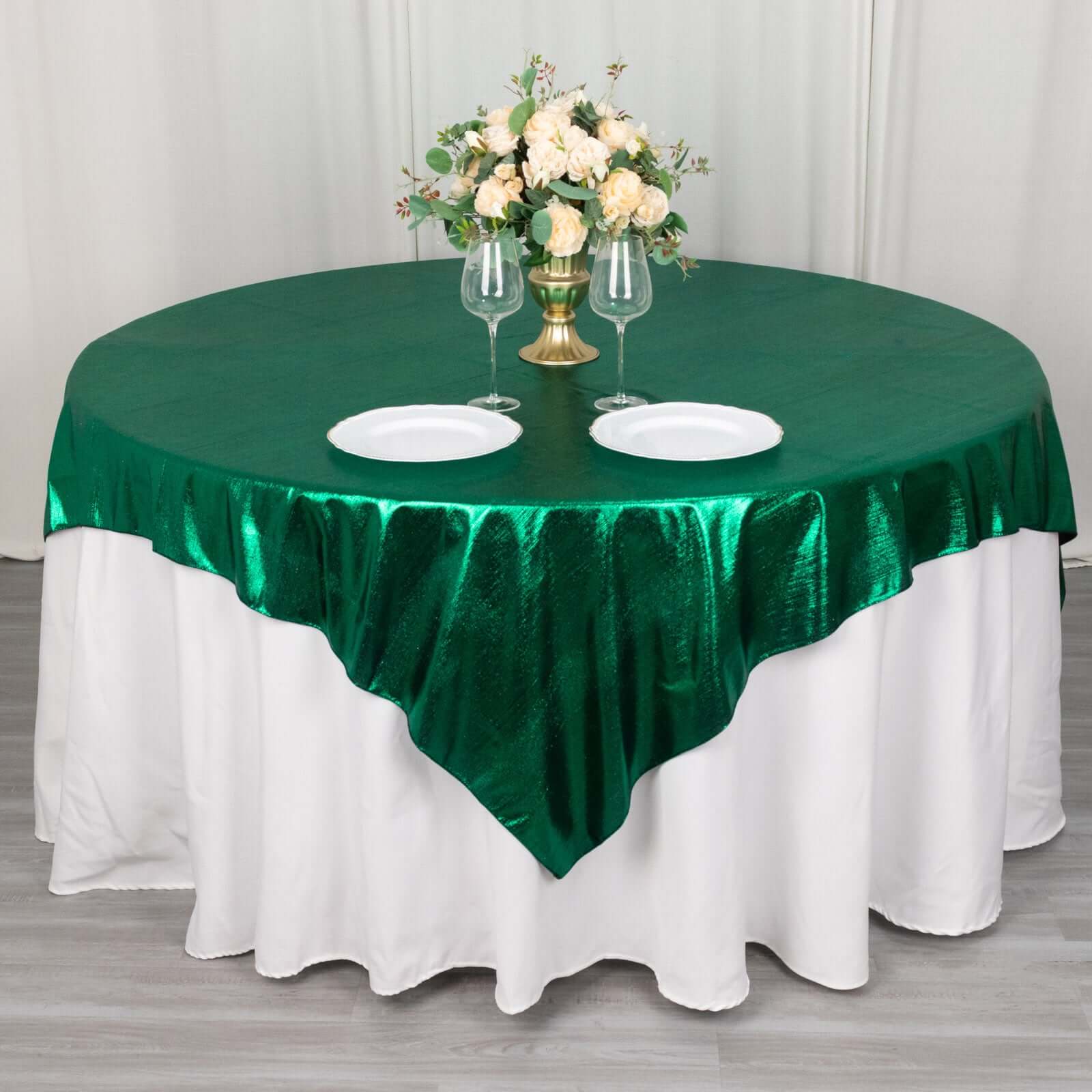 Polyester 72x72 Table Overlay Square Tablecloth Hunter Emerald Green - Sequin Dots Wrinkle-Free Table Cover