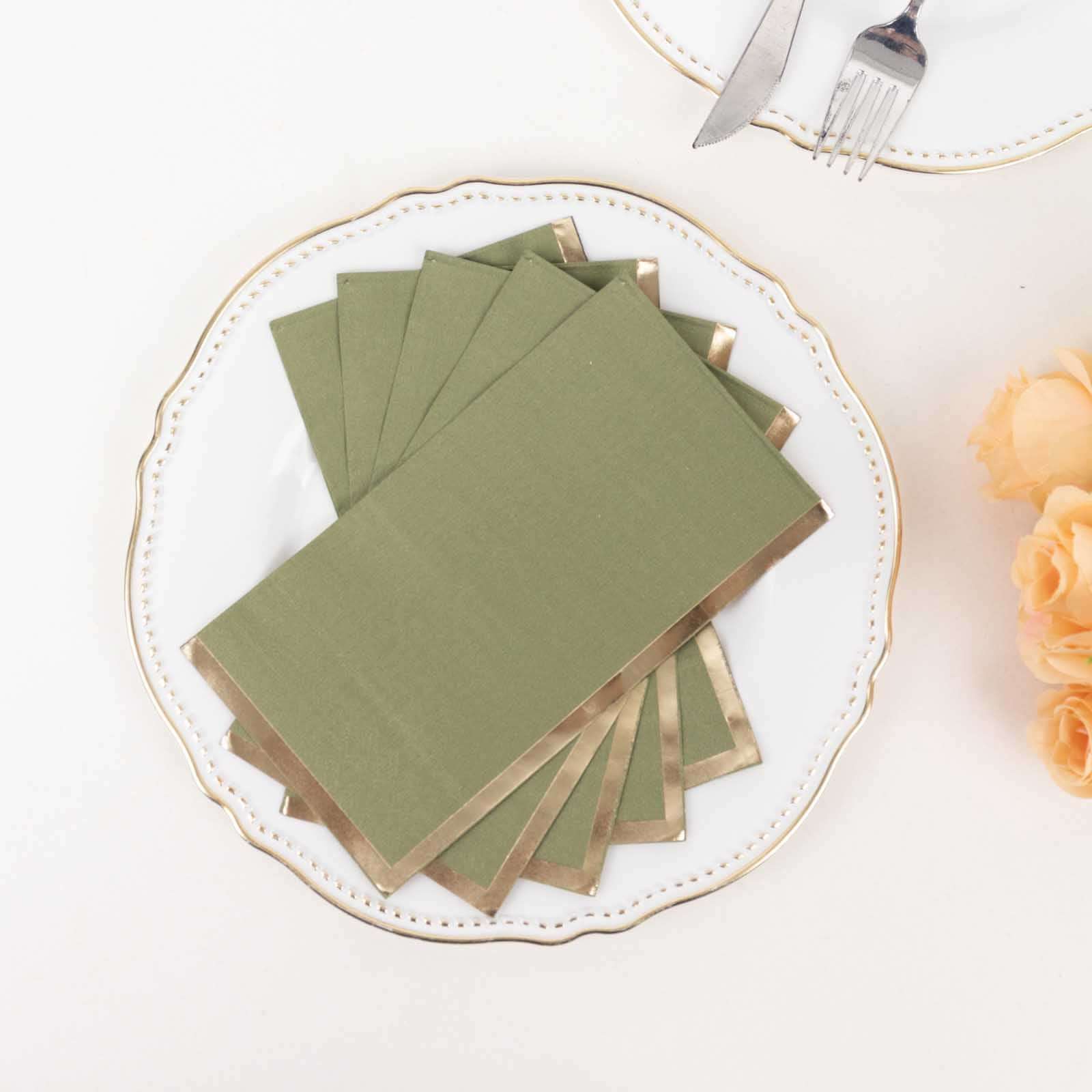 50-Pack Paper Dinner Napkins Olive Green with Gold Foil Edge 2 Ply - Stylish Disposable Napkins