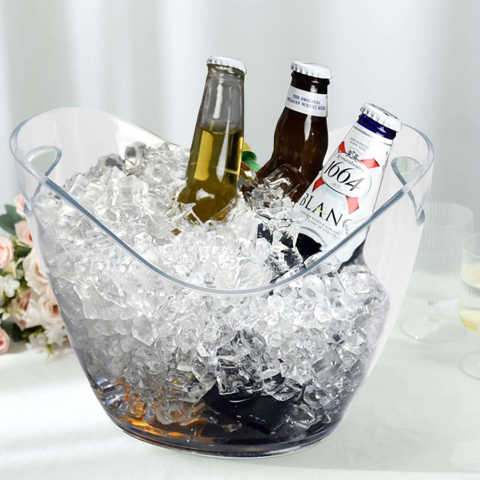 Plastic Ice and Drinks Bucket Clear - Large Capacity Modern Boat Shaped Party Beverage Cooler Storage Tub With Comfortable Handles for Indoor & Outdoor Gatherings 7 Liter