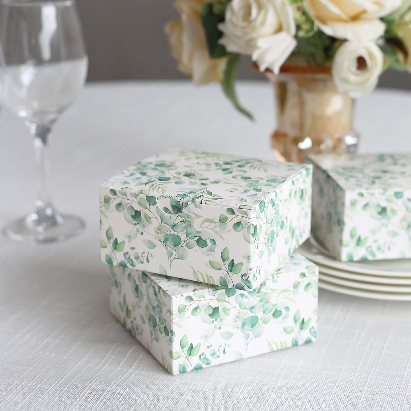 25 Pack White Green Eucalyptus Leaves Print Paper Favor Boxes, Cardstock Party Shower Candy Gift Boxes - 4x4x2