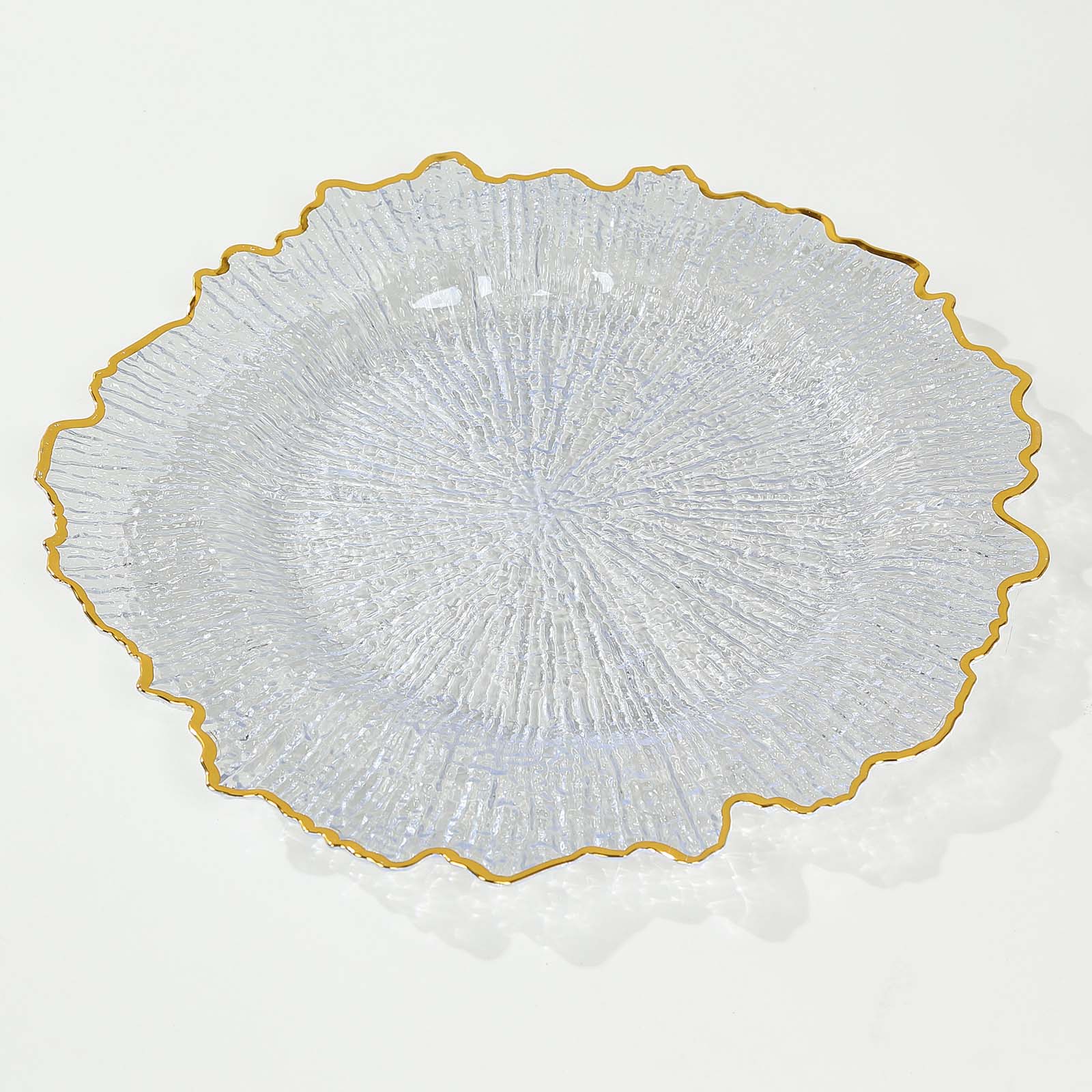 6-Pack Plastic Round Charger Plates 12 in Clear Reef Design with Gold Rim, Decorative Dinner Party Serving Plates