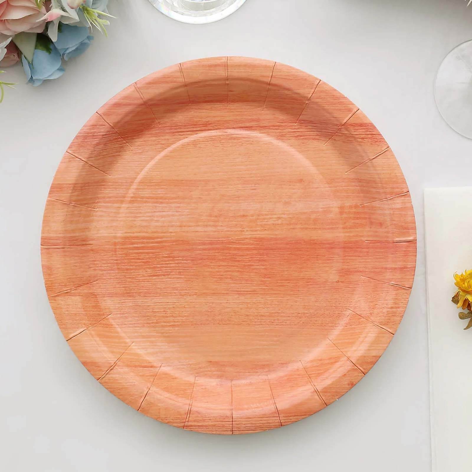 25-Pack Paper 10 Round Dinner Plates Natural Wood Grain Print - Rustic & Nature-Inspired Disposable Party Plates