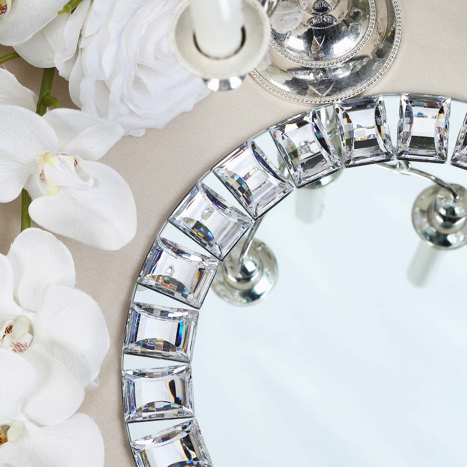 2-Pack Glass Mirror Round Charger Plates 13 in Silver with Jeweled Rim - Premium Decorative Dinner Party Charger Tableware