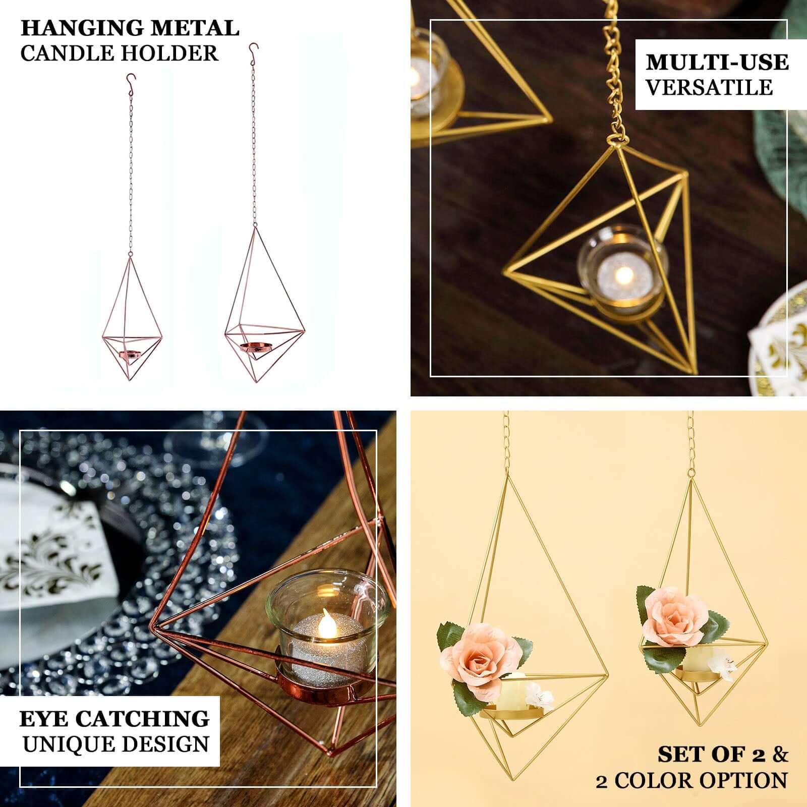 Set of 2 Hanging Tealight Candle Holders Rose Gold Metal Diamond Geometric Open Frame - Flower Terrariums 12, 15