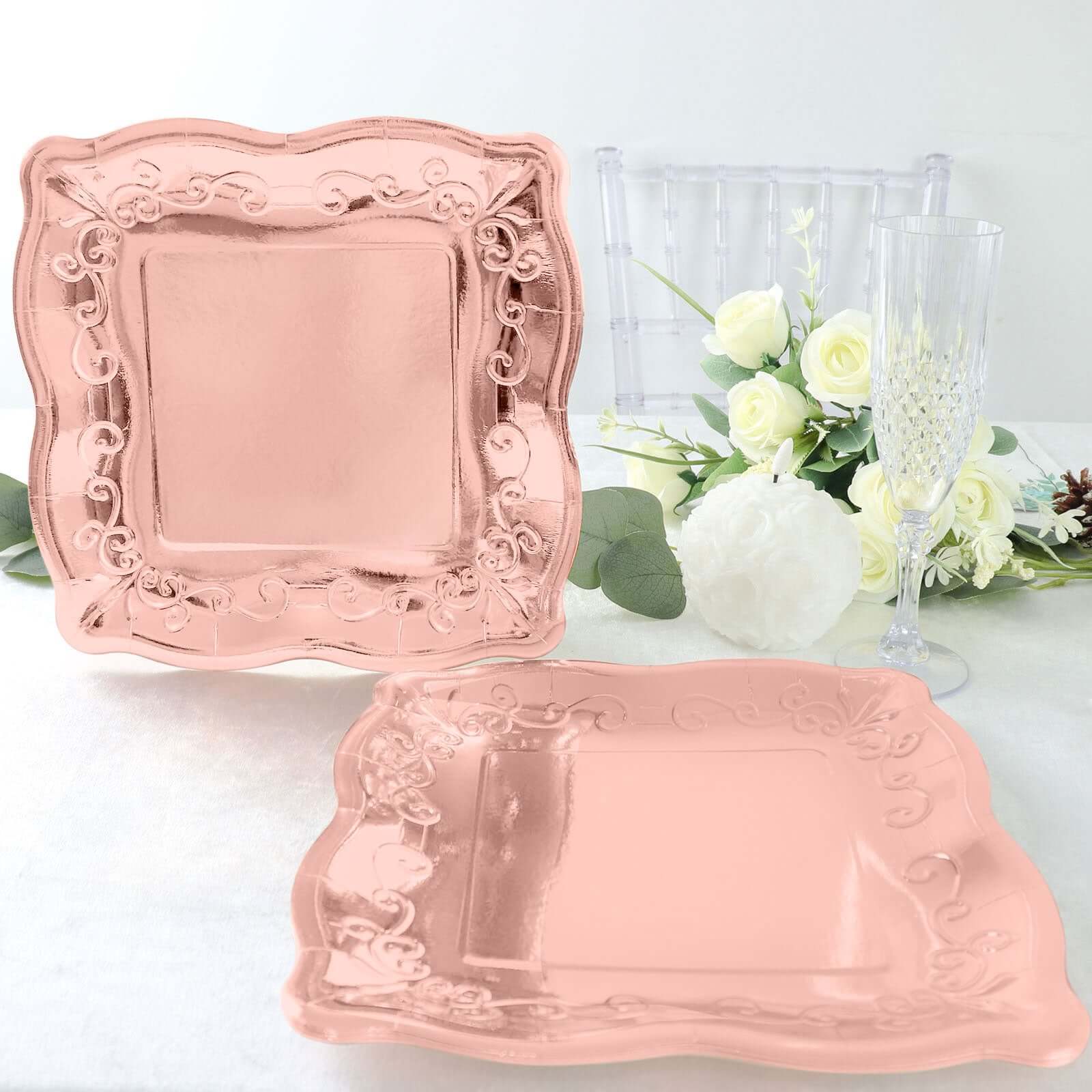 25-Pack Paper 11 Square Dinner Plates in Blush Rose Gold with Vintage Pottery Embossed Design - Shiny Metallic Disposable Serving Plates