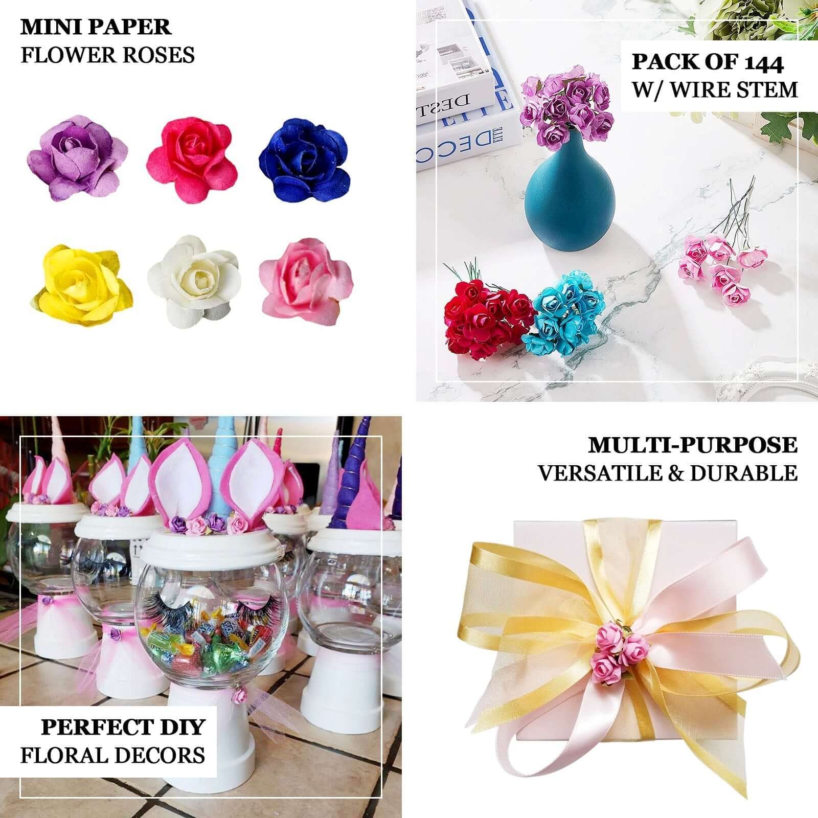 144 Pack Pink Paper Mini Craft Roses, DIY Craft Flowers With Wired Stem