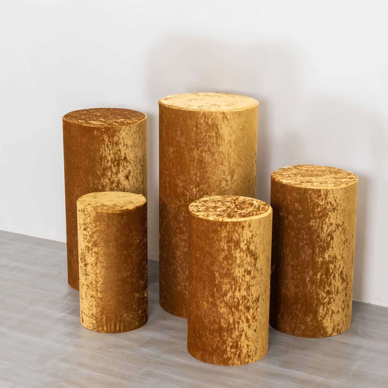 Set of 5 Gold Crushed Velvet Cylinder Pedestal Stand Covers, Premium Pillar Prop Covers