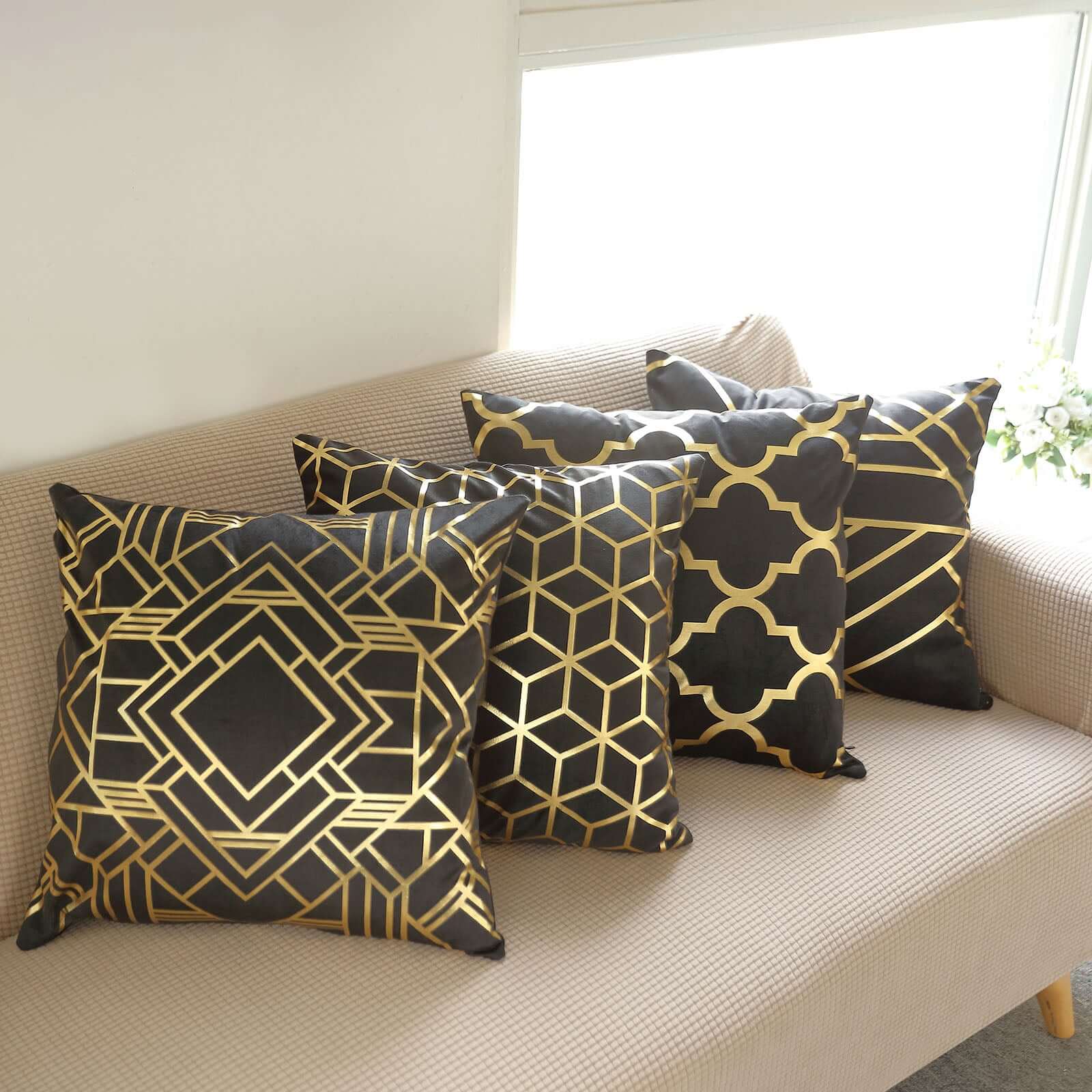 Set Of 4 18 Black Gold Foil Geometric Print Throw Pillow Covers, Velvet Square Sofa Cushion Covers