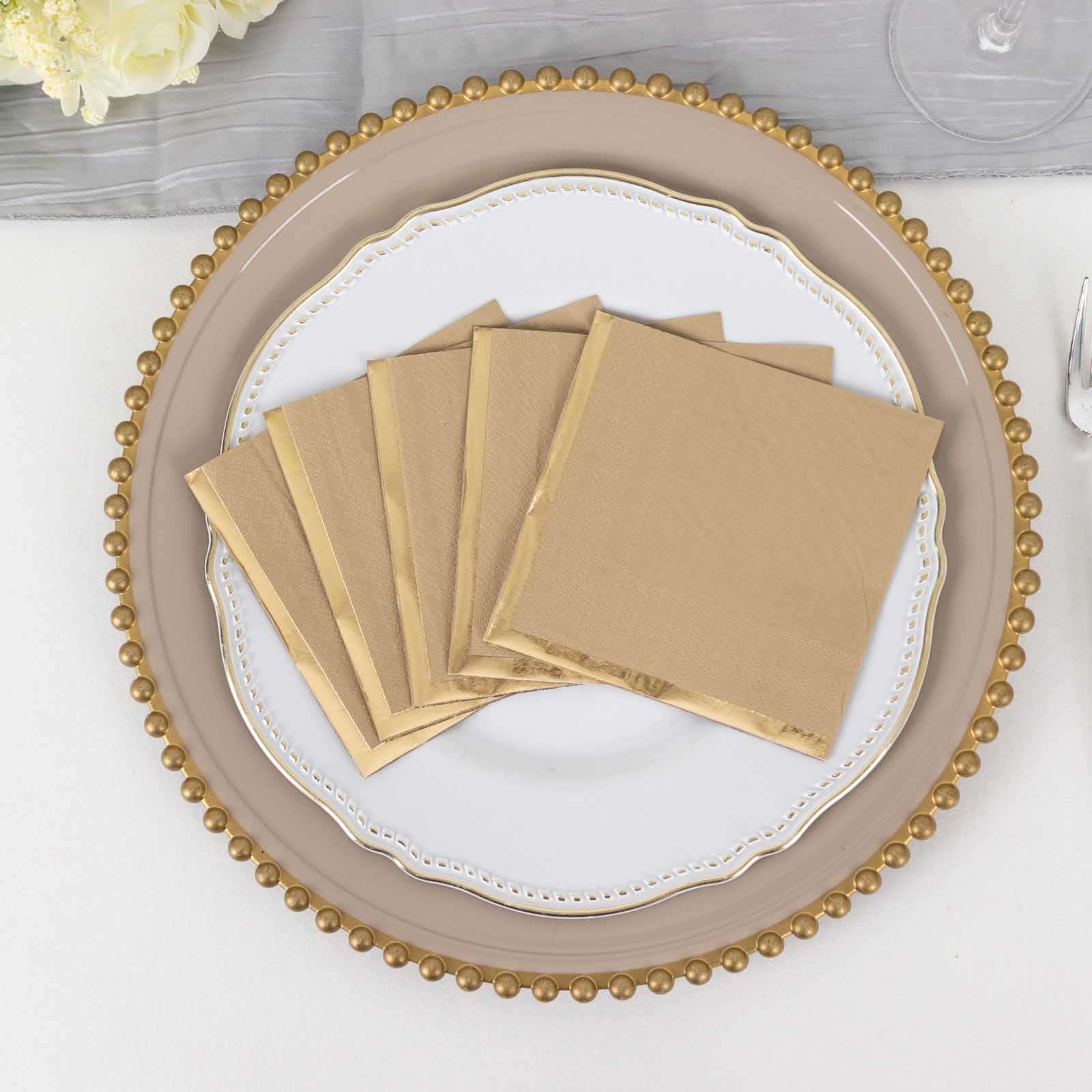 50-Pack Paper Beverage Napkins Natural with Gold Foil Edge - 2 Ply Disposable Soft 18GSM Cocktail Napkins 5x5