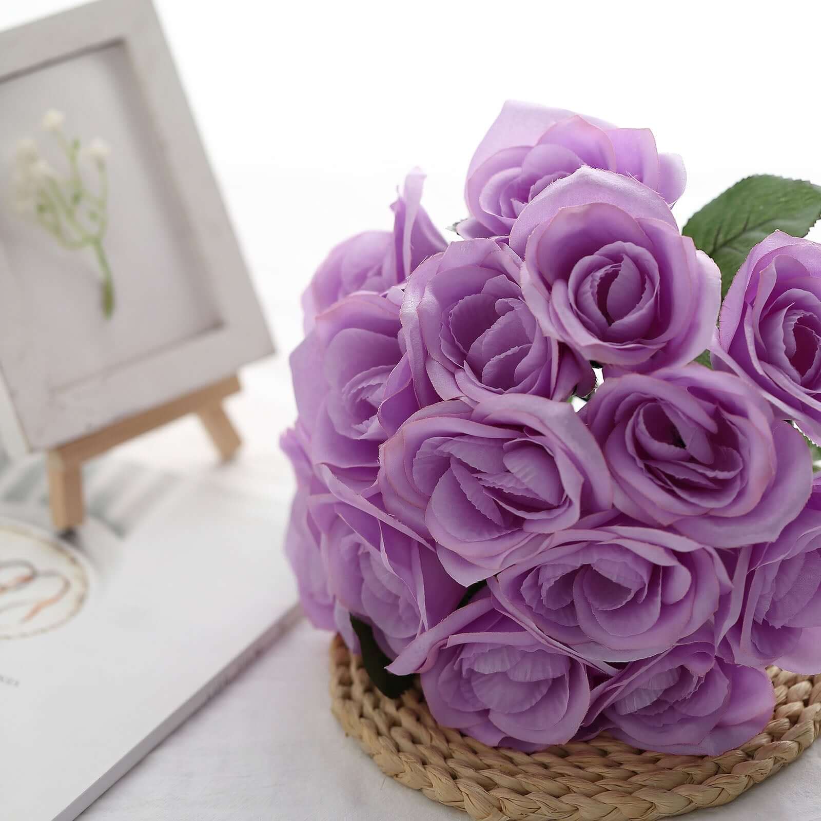 12 Lavender Lilac Artificial Velvet-Like Fabric Rose Flower Bouquet Bush