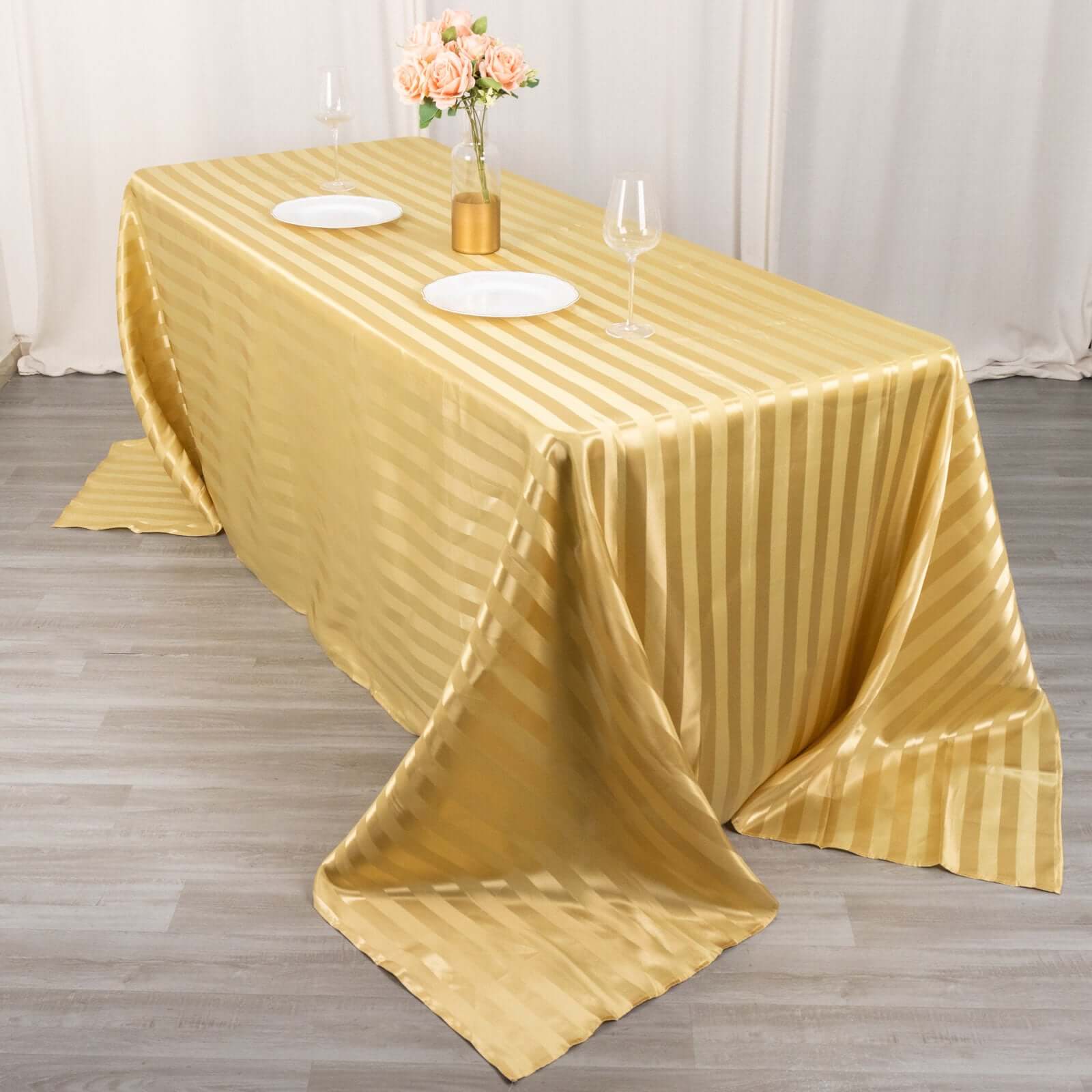 Satin Striped 90x132 Rectangular Tablecloth Champagne Satin Stripe - Seamless Silky Smooth Table Cover