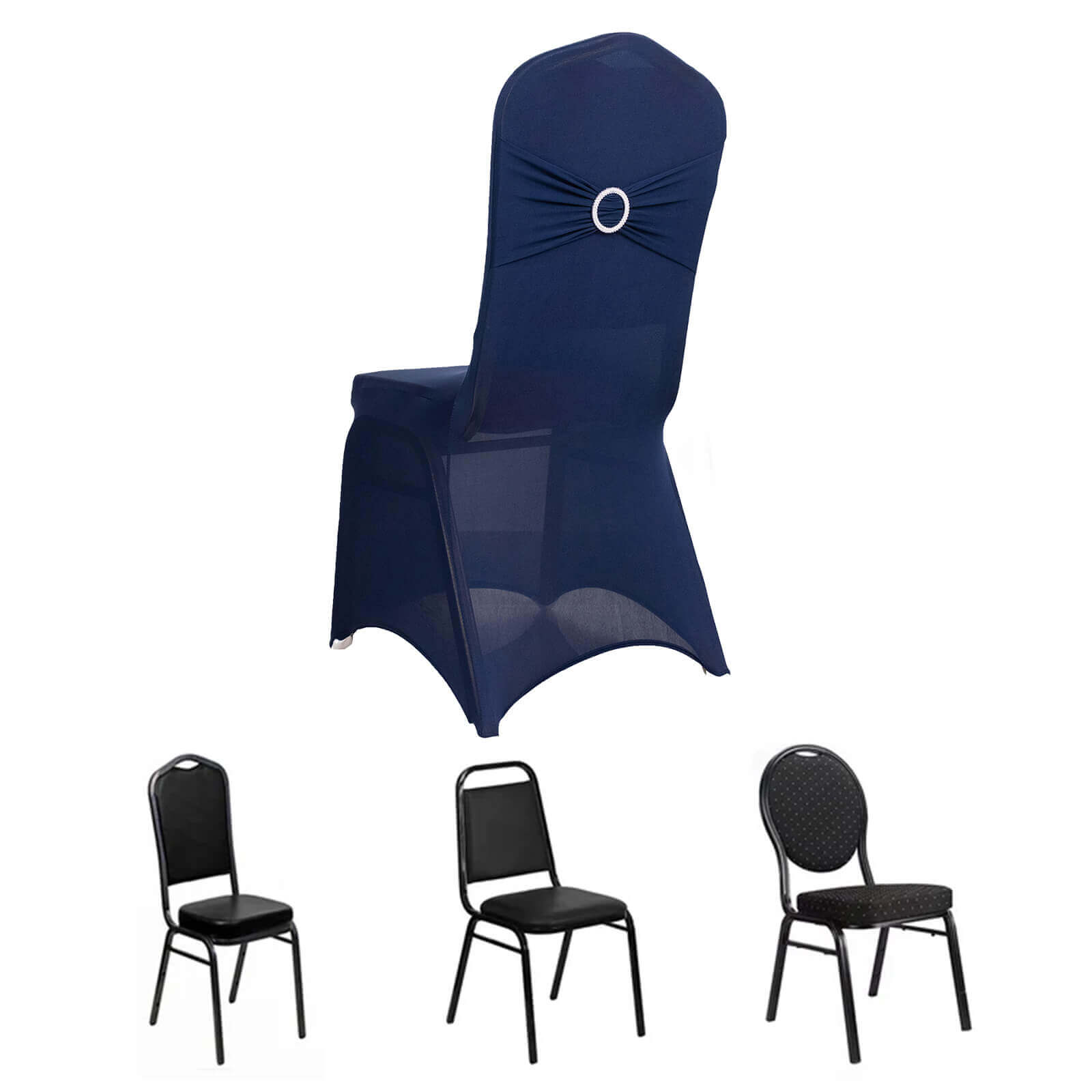 Spandex Chair Cover with Navy Blue Rhinestone Buckled Sash Band Blush - Stretch Fitted Slipcover