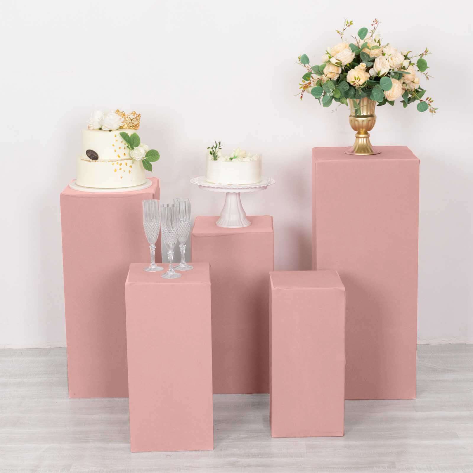 Set of 5 Dusty Rose Spandex Rectangle Pedestal Stand Covers, Stretchable Pillar Prop Covers - 160 GSM