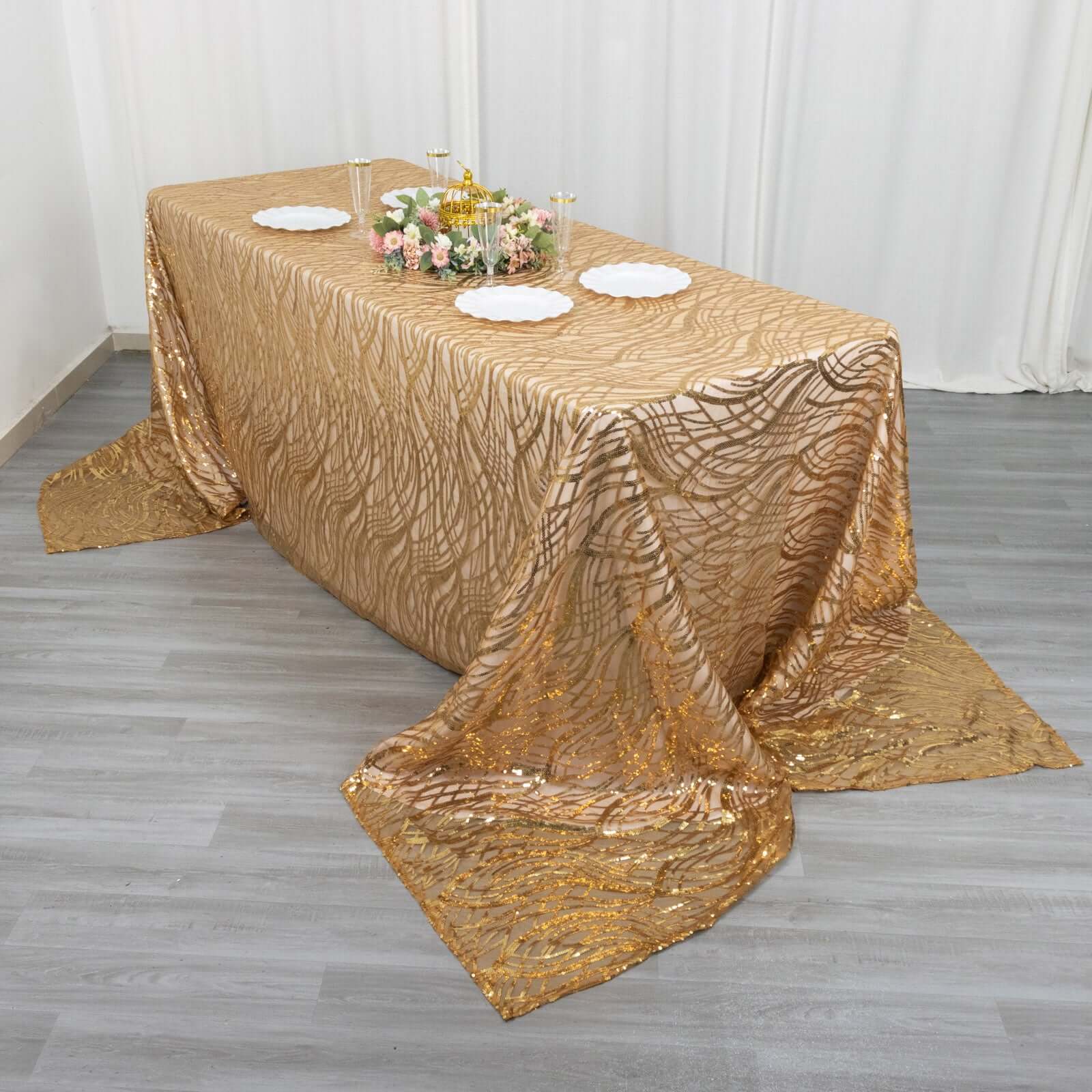 Mesh 90x156 Rectangle Tablecloth Gold - Wave Sequin Embroidered Design for Refined Occasions