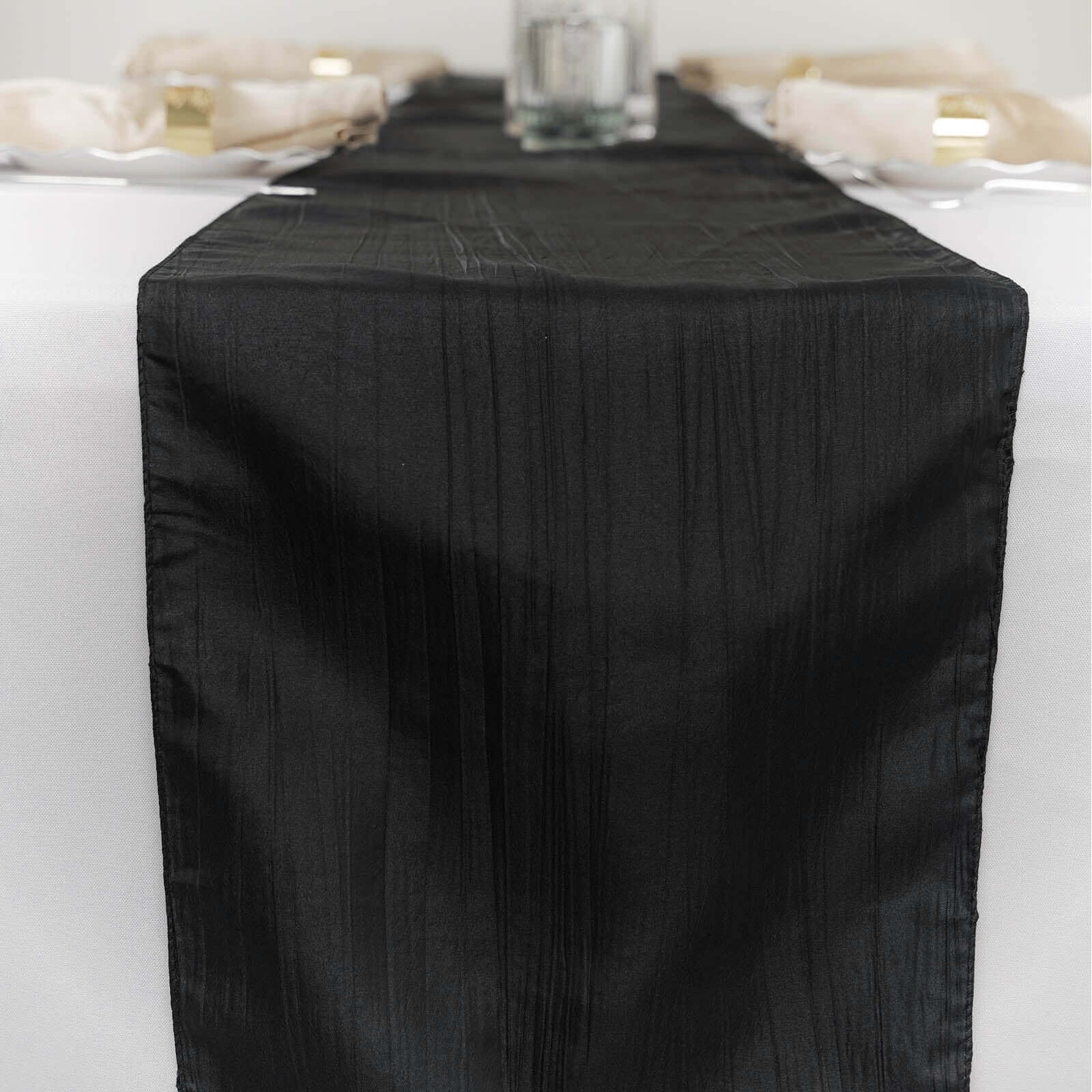 Taffeta 12x108 Table Runner Black - Accordion Crinkle Design