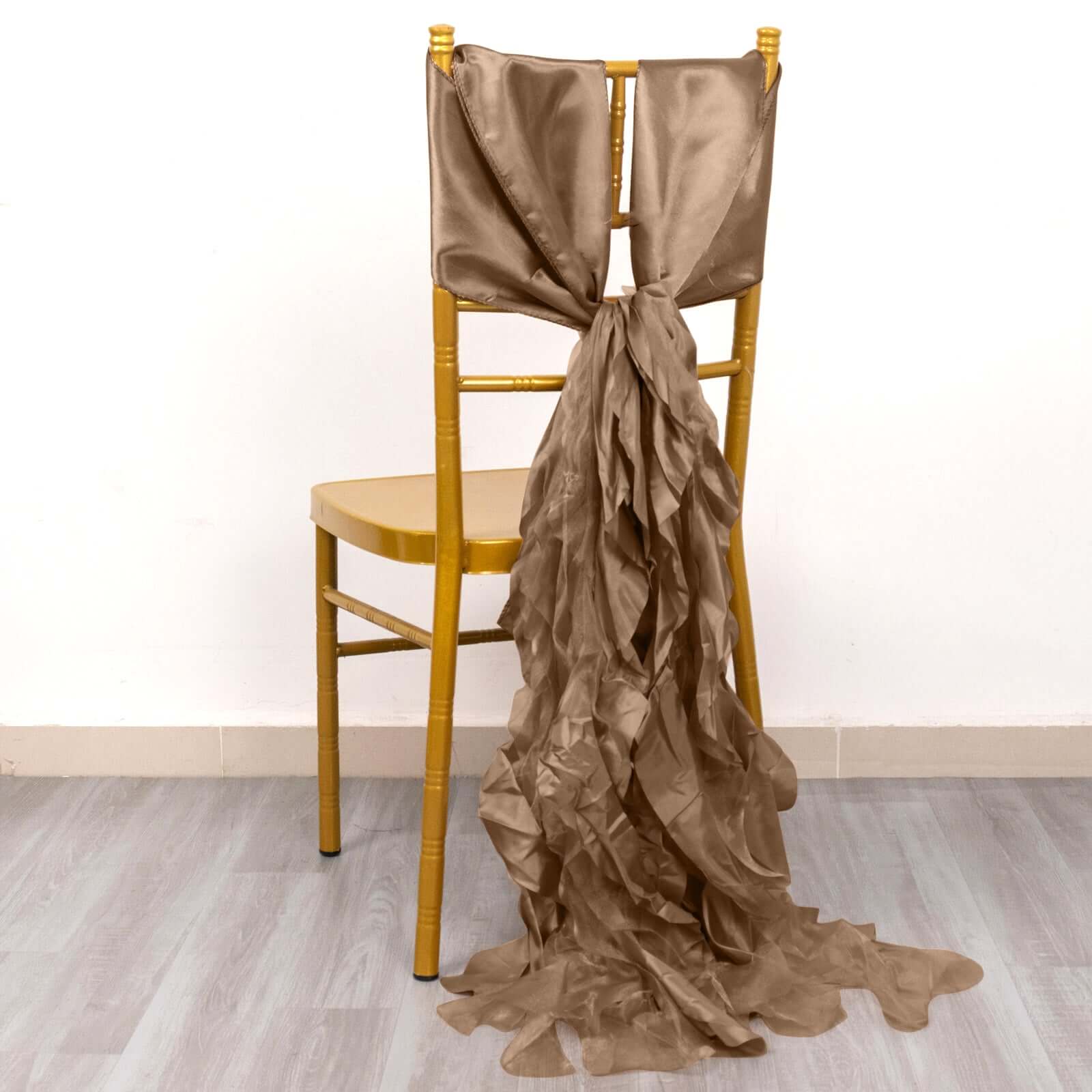 5 Pack Chiffon Satin Chair Sashes Taupe - Easy to Install Ruffled Curly Willow