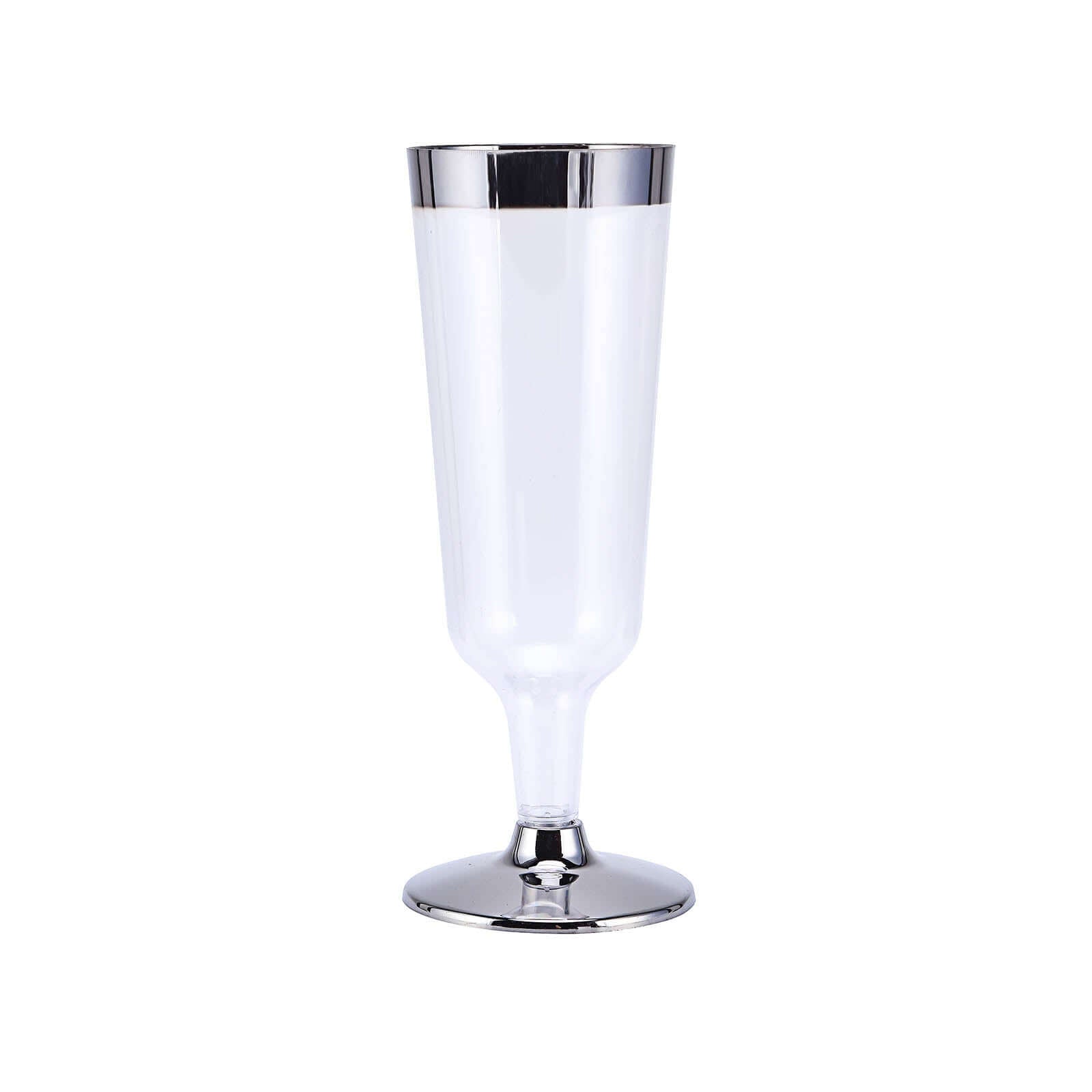 12-Pack Plastic Champagne Glasses Clear with Chrome Silver Rim - Stylish Short Stem Disposable Flutes for Events 6oz