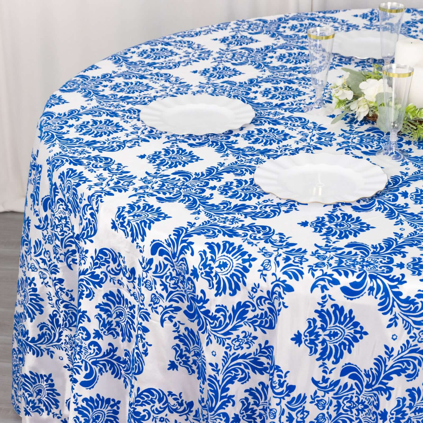 Taffeta 120 Round Tablecloth Royal Blue - Seamless Velvet Flocking Damask Table Cover