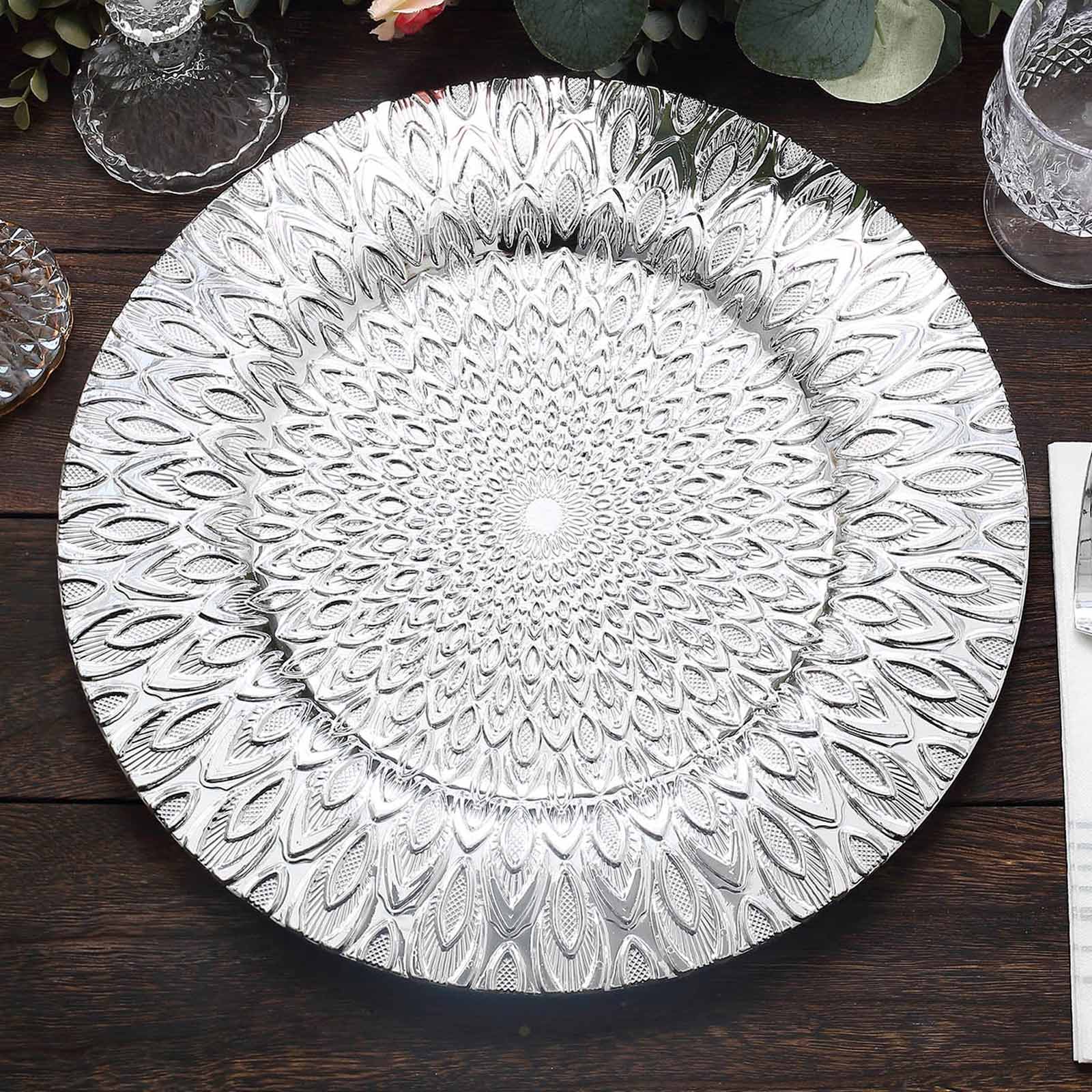 6-Pack Plastic Round Charger Plates 13 in Silver with Embossed Peacock Pattern, Stylish Disposable Charger Tableware