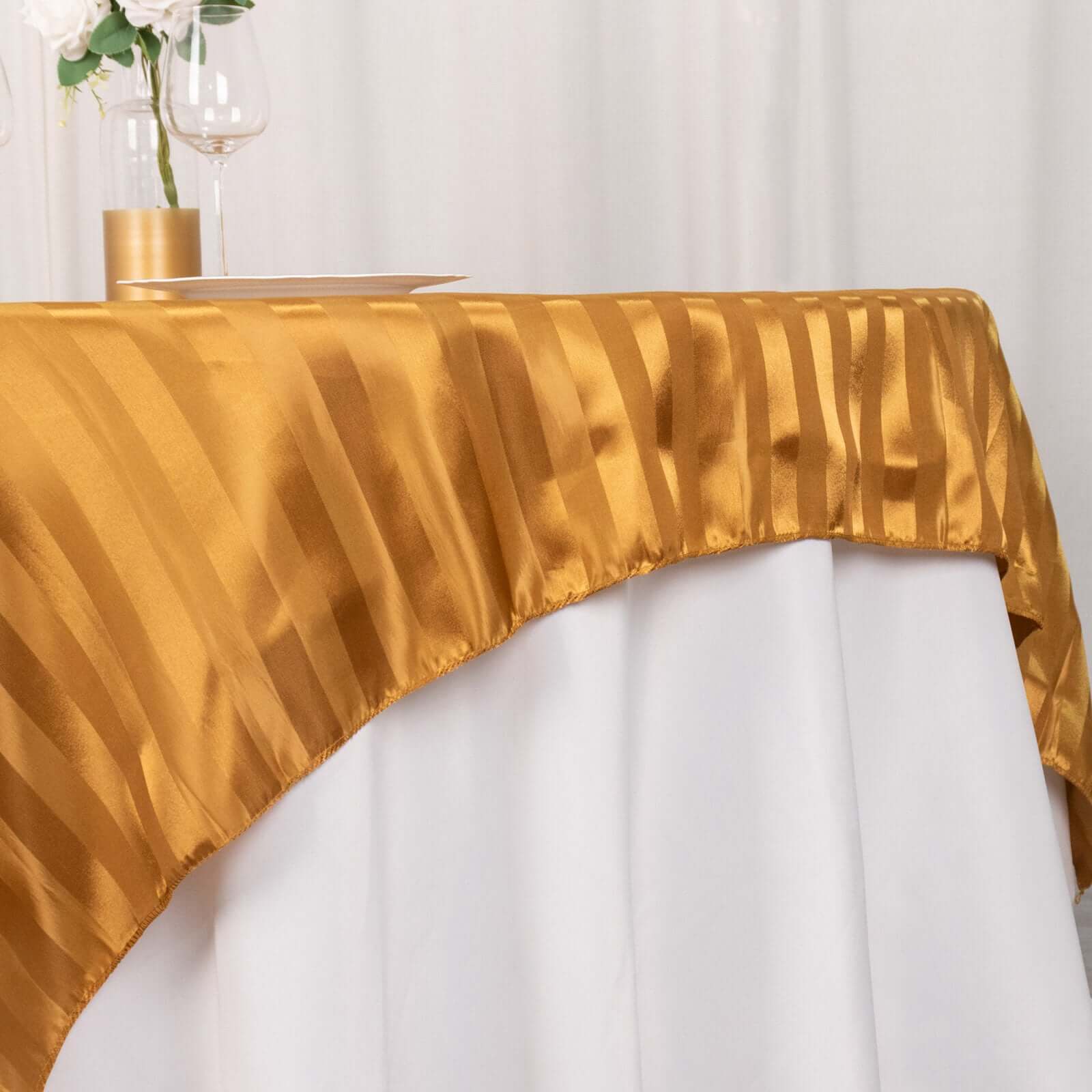 Satin 72x72 Table Overlay Square Tablecloth Gold - Stripe Table Topper