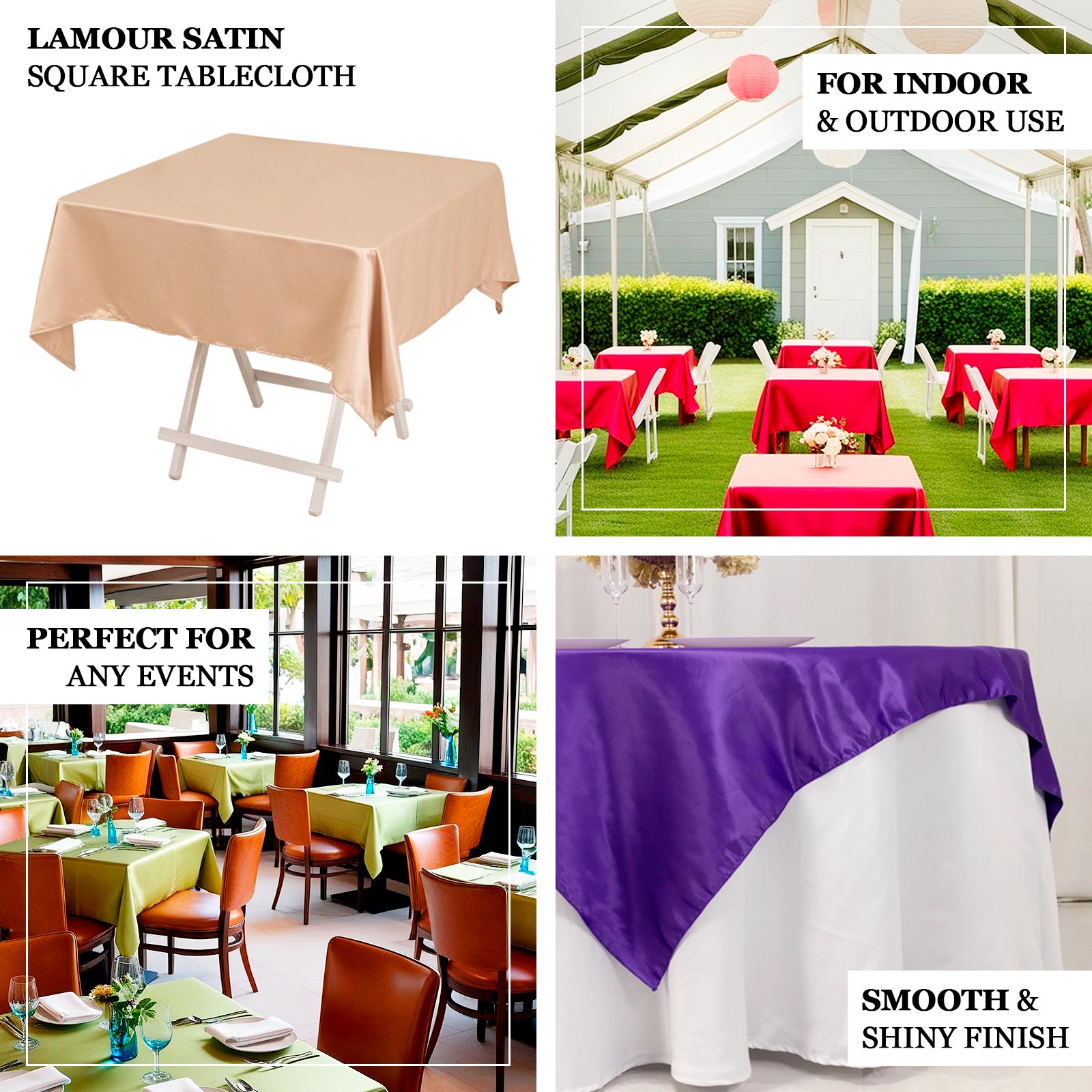 Lamour Satin 54x54 Square Tablecloth Champagne - Durable & Silk-Like Table Cover