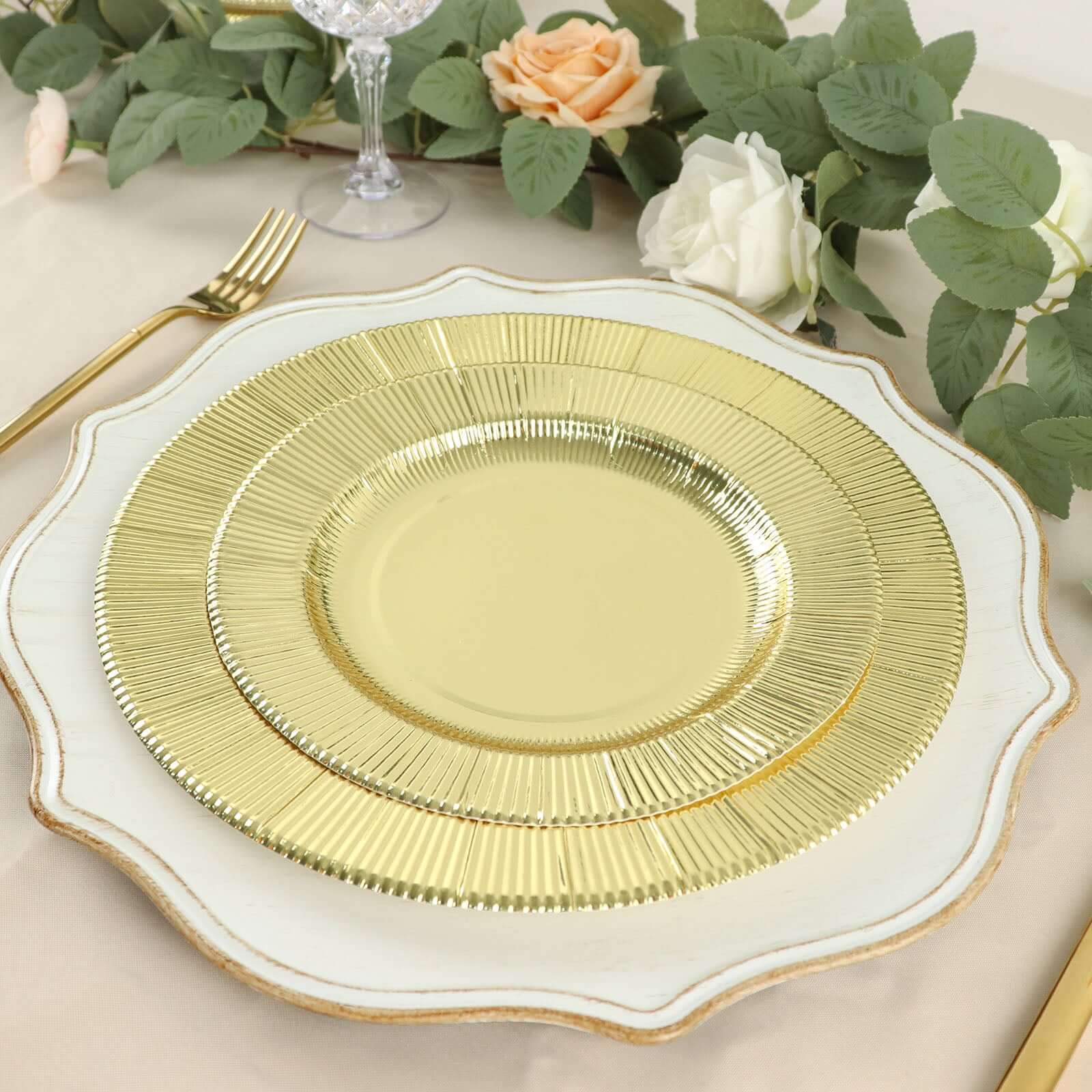 25-Pack Paper 8 Round Dessert Plates in Metallic Gold Sunray Design - Disposable Heavy Duty 350GSM Appetizer Salad Plates