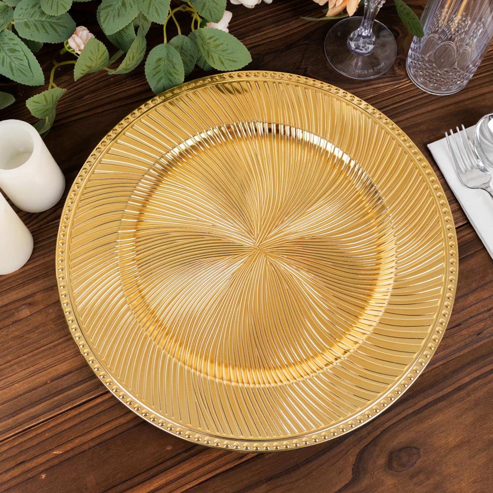 6-Pack Acrylic Round Charger Plates 13 in Metallic Gold Swirl Pattern with Beaded Rim, Plastic Decorative Dinner Party Charger Tableware