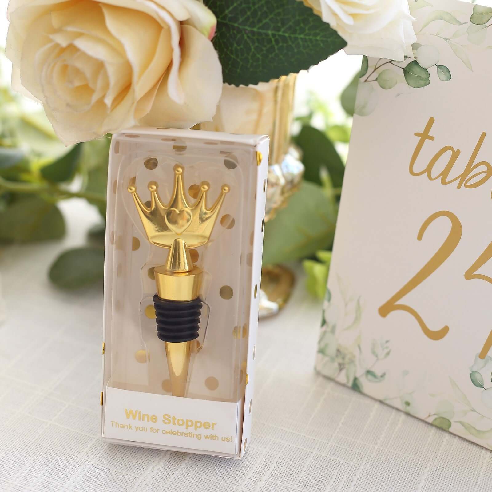 4 Gold Metal Princess Crown Wine Bottle Stopper Party Favor with Clear Gift Box, Thank You Tag and Ribbon