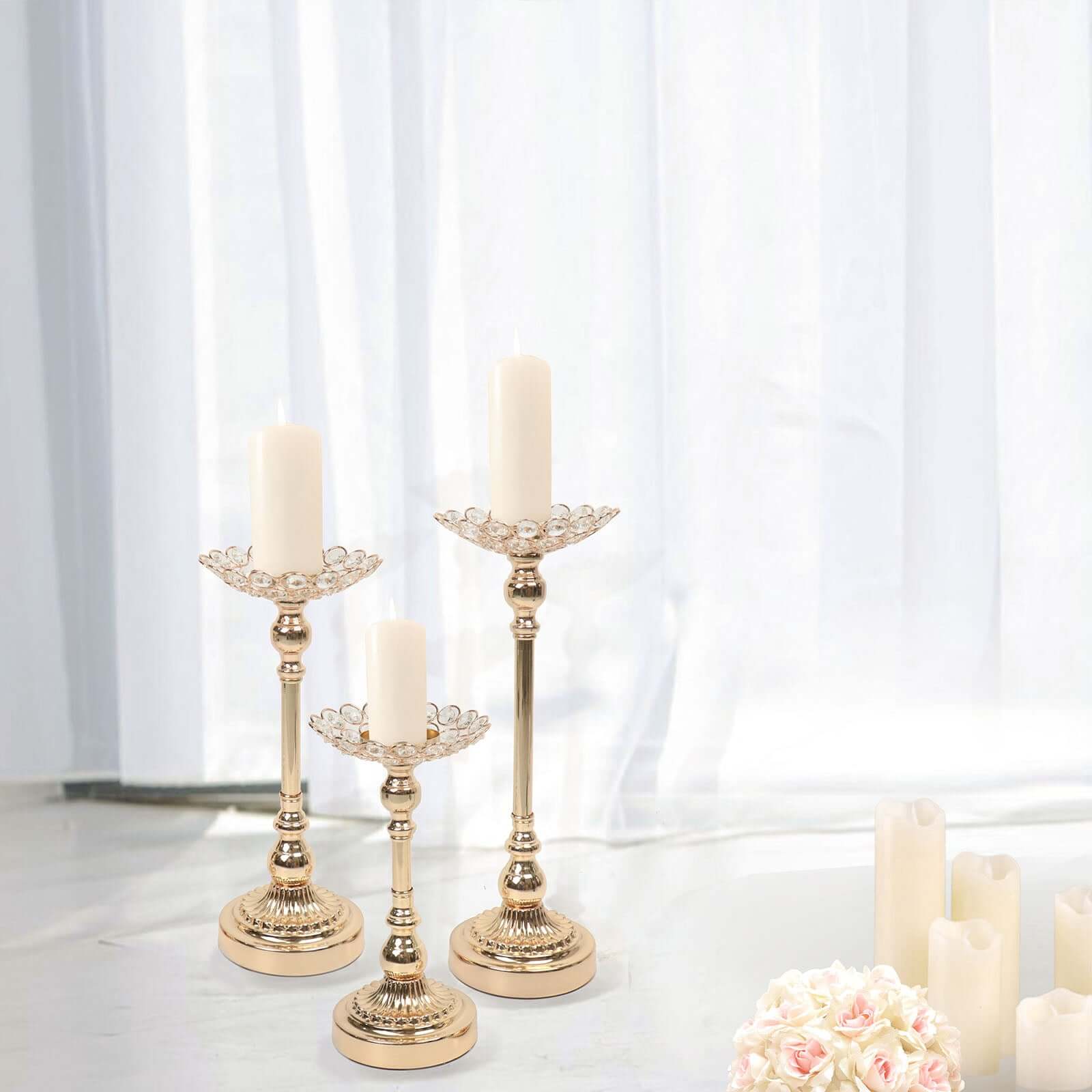 Set of 3 Metal Votive Candle Holders Crystal Beaded Design Gold - Tea Light Centerpieces 11, 13, 15