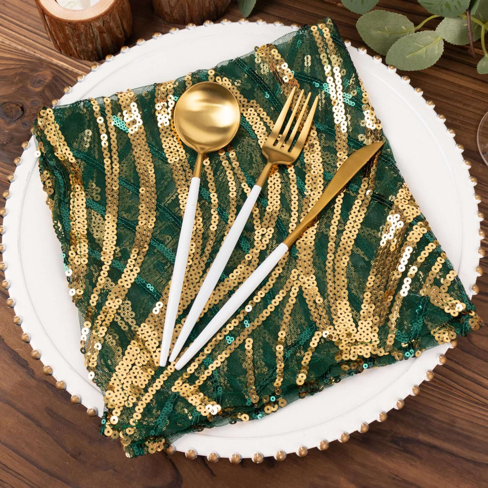 Sequin Mesh 20x20 Napkin Hunter Emerald Green Gold - Wave Embroidered Reusable Napkin