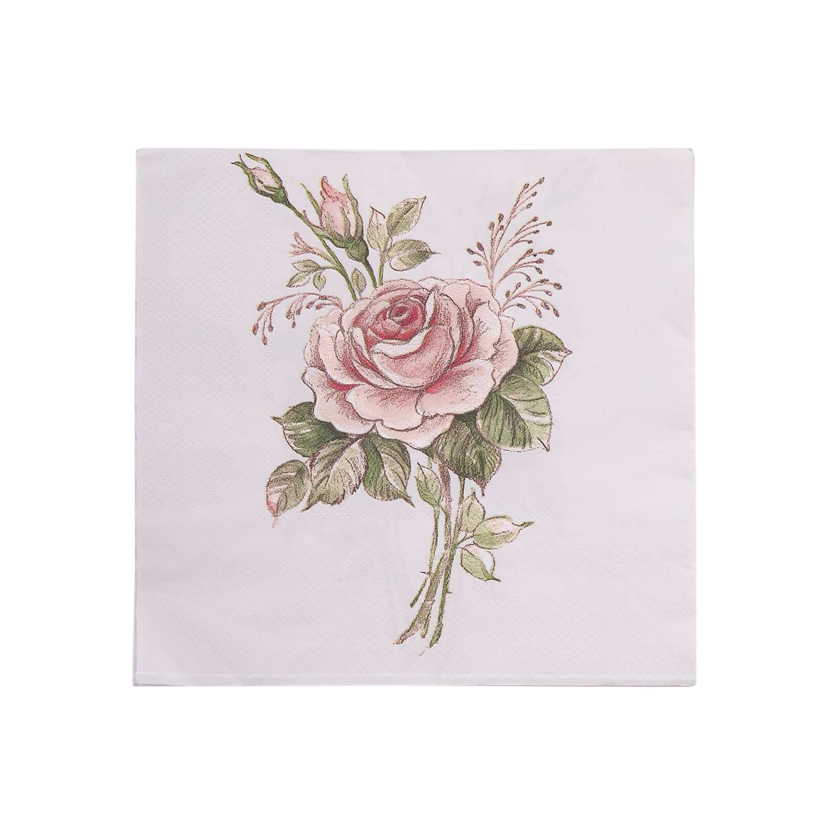 50-Pack Paper Beverage Napkins with Pink Floral Design Ivory - 2 Ply Soft 18GSM Rose Garden Wedding Napkins 6.5x6.5