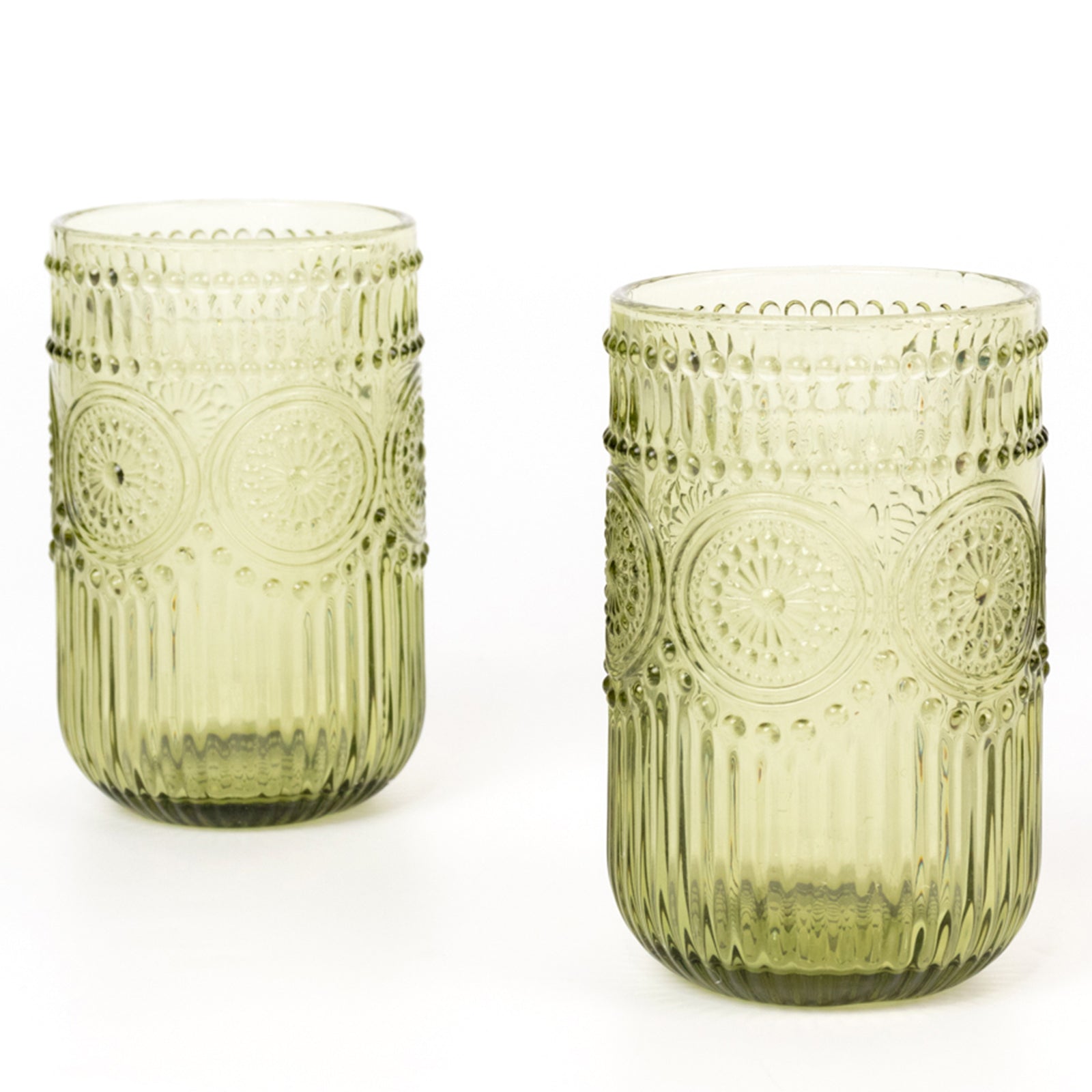 6-Pack Glass Tumblers Dusty Sage Green Vintage Embossed Design with Textured Floral Pattern - Highball Glasses for Drinks & Parties 14oz