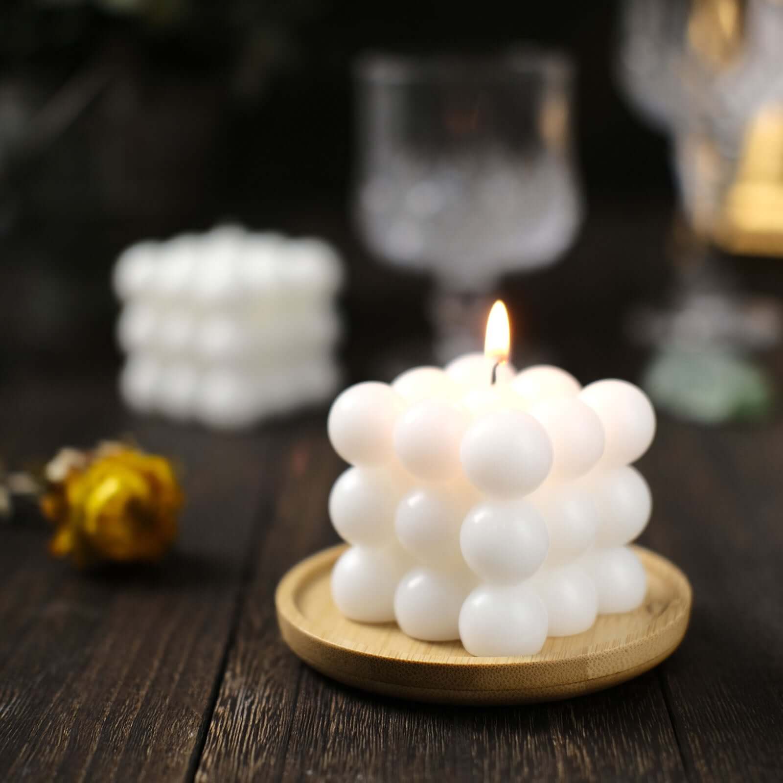 2-Pack Decorative Paraffin Wax Candles Bubble Cube Design White - Unscented Long Burning Pillar Candle Set 2