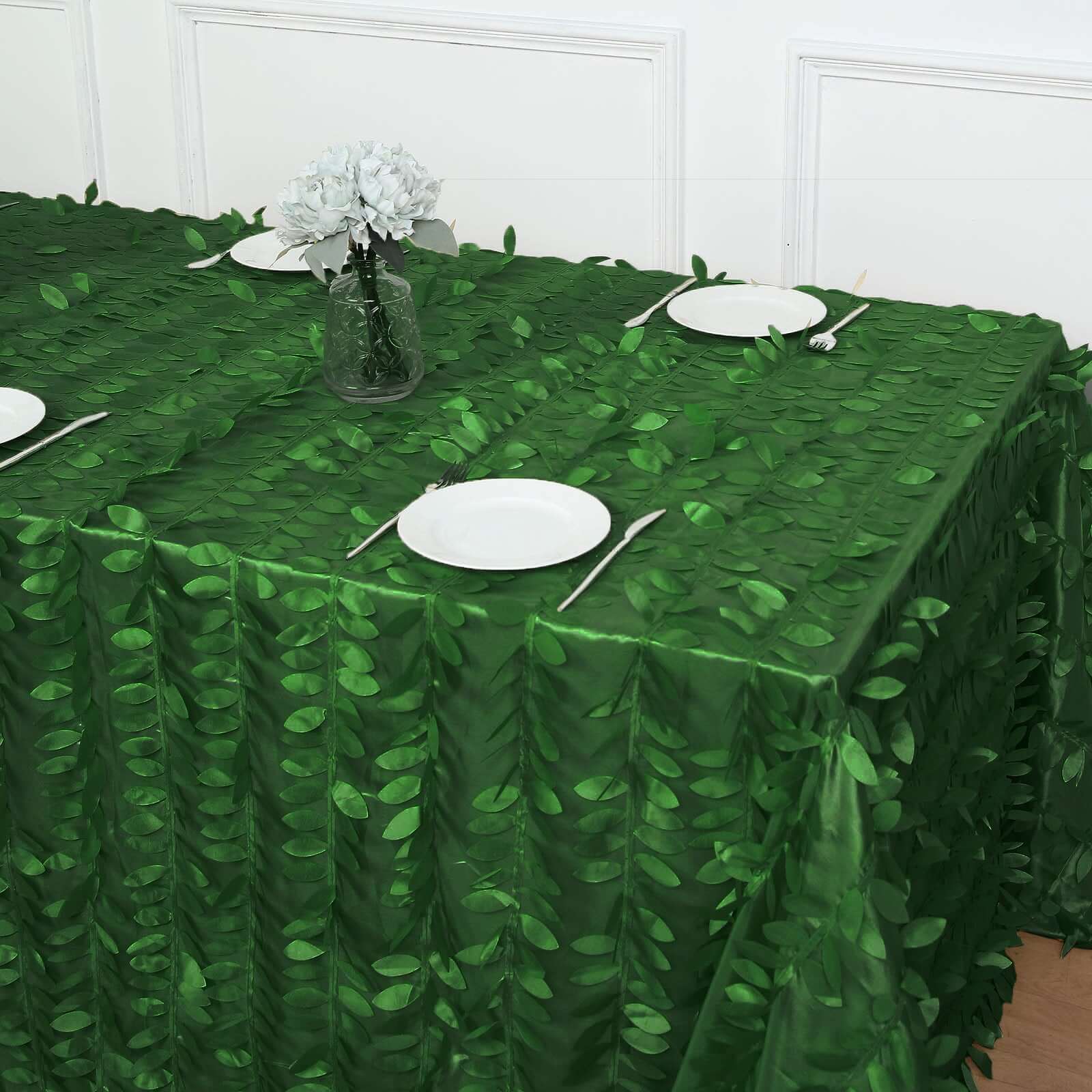 Taffeta 90x156 Rectangle Tablecloth Green | 3D Leaf Petal Design Seamless Table Cover