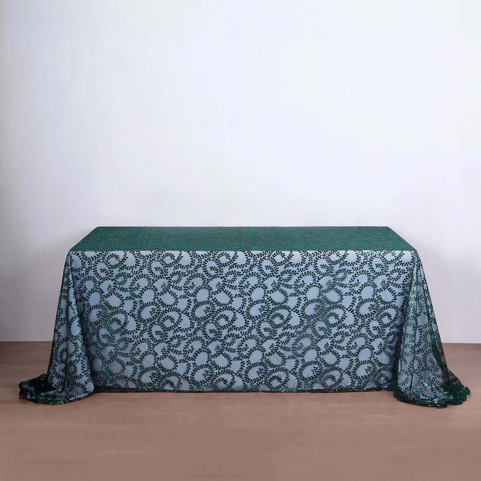 Tulle 90x156 Rectangle Tablecloth Hunter Emerald Green - Sequin Leaf Embroidered Table Cover