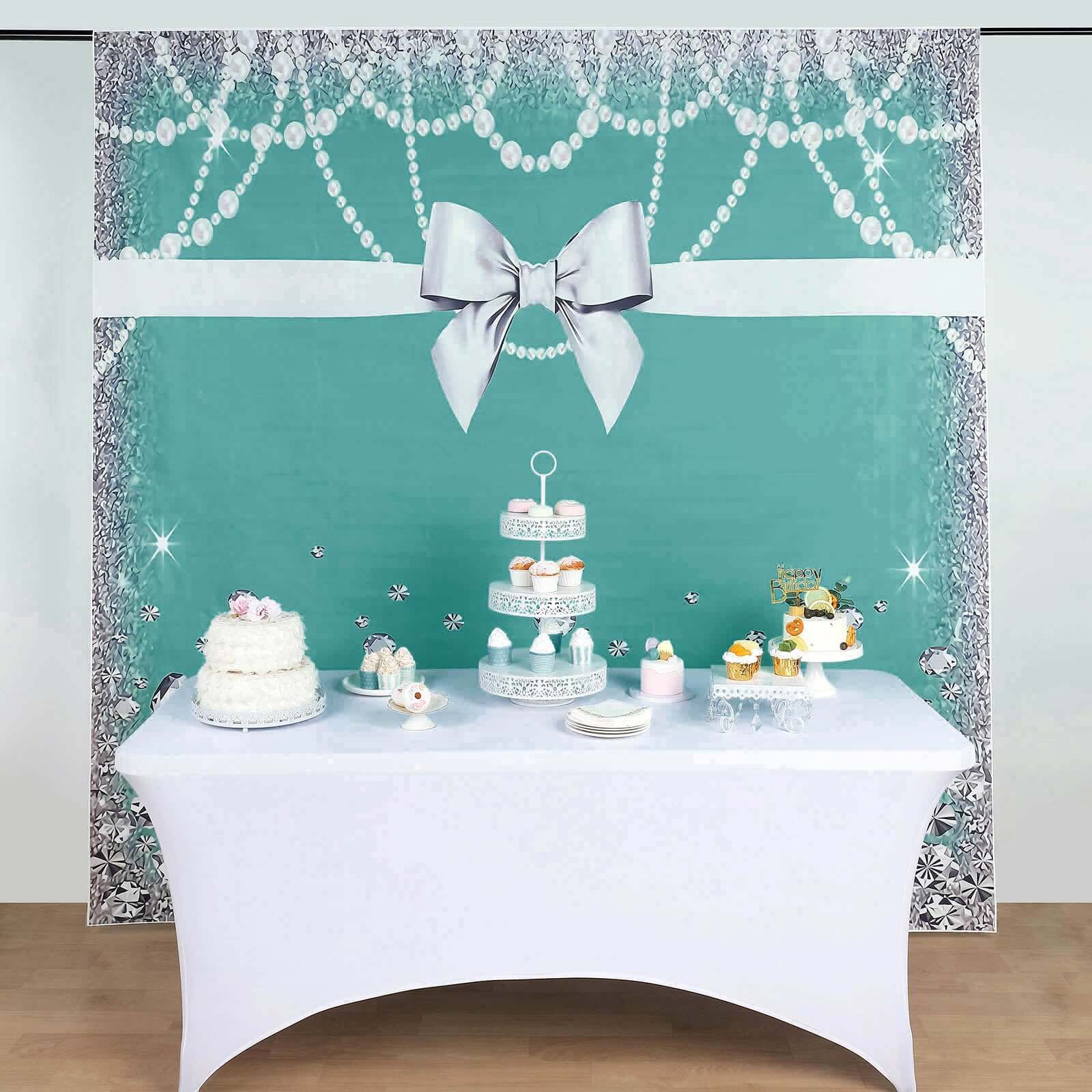 8ftx8ft Turquoise White Bow, Diamond Pearl Print Vinyl Photo Backdrop