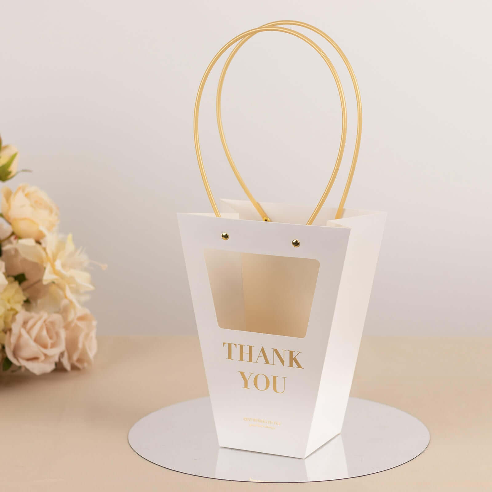 6 Pack Transparent White Paper Flower Gift Bags With Handles, Clear Window Thank You Party Favor Tote Bags in Trapezium Shape - 8x10