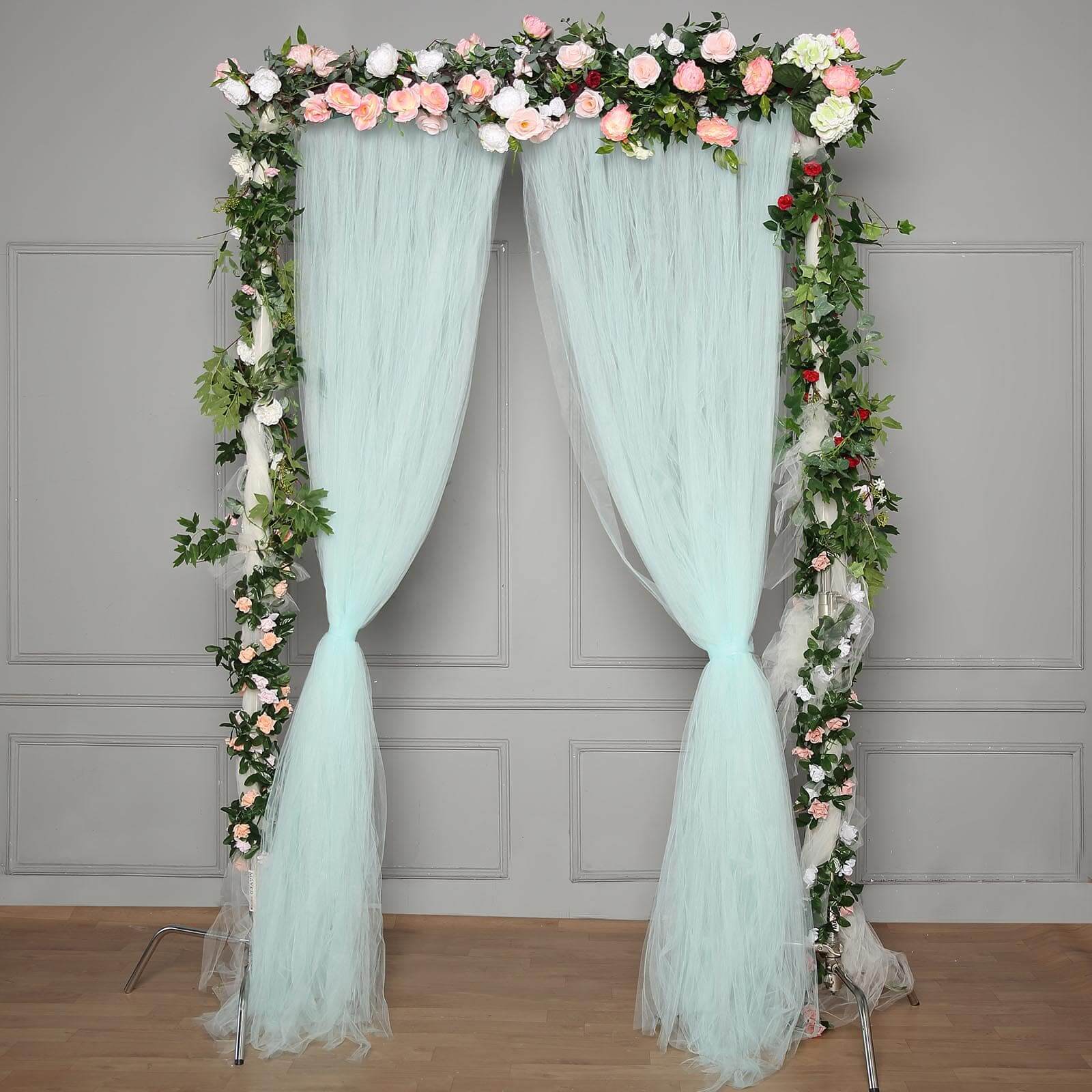 5ftx10ft Light Blue Dual Sided Sheer Tulle Event Curtain Drapes With Satin Header, Rod Ready Backdrop Event Panel