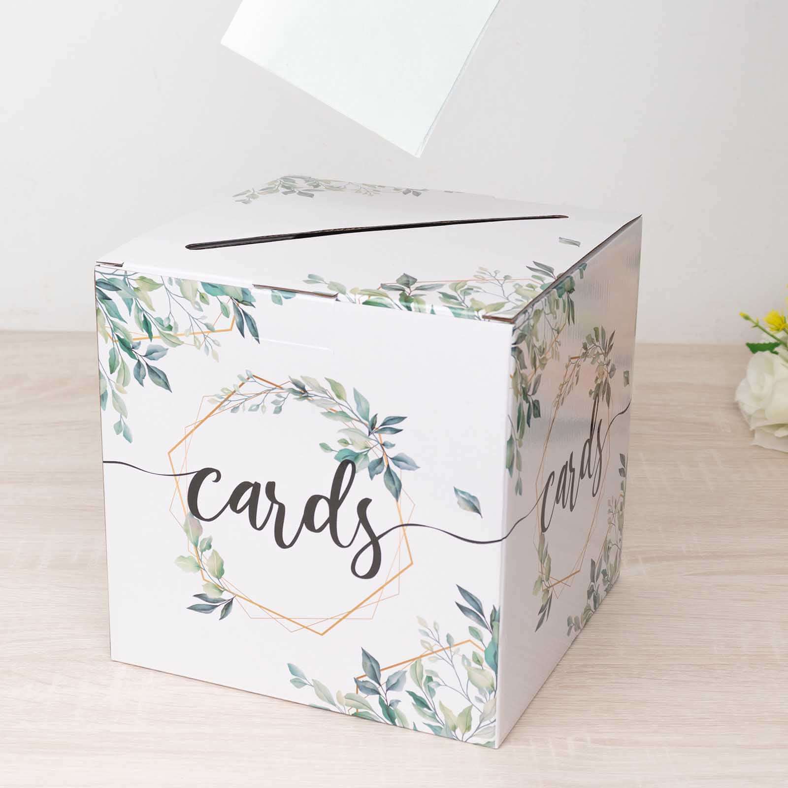 Greenery Theme Wedding Reception Gift Card Box with Geometric Gold Foil Print, Collapsible Money Card Box - 8x8