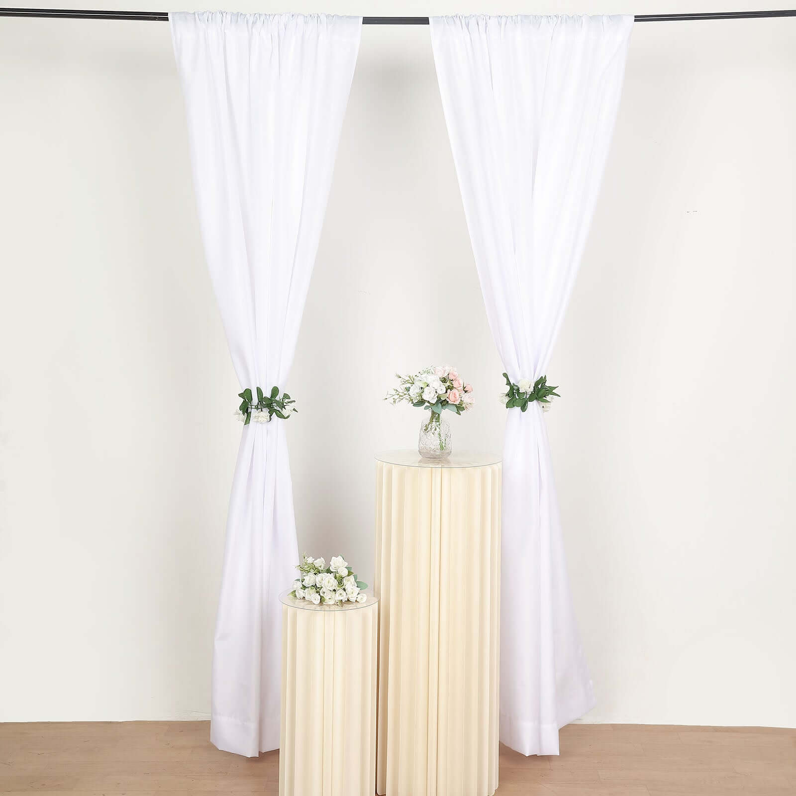 2 Pack White Polyester Event Curtain Drapes, 10ftx8ft Backdrop Event Panels With Rod Pockets 130 GSM